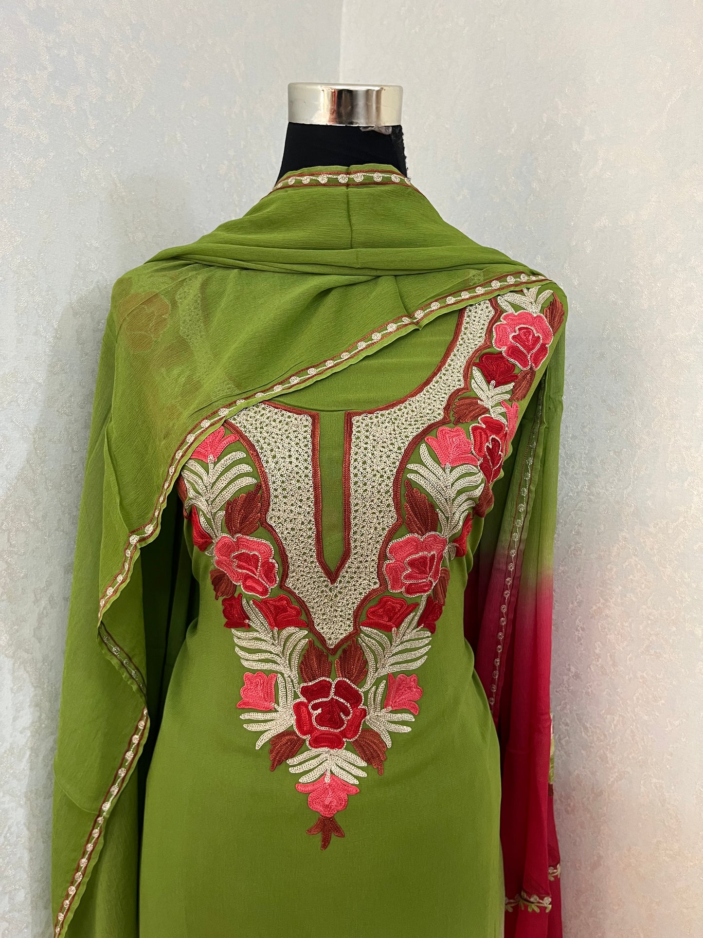 Green Pure Georgette Double Shade Kashmiri Suit