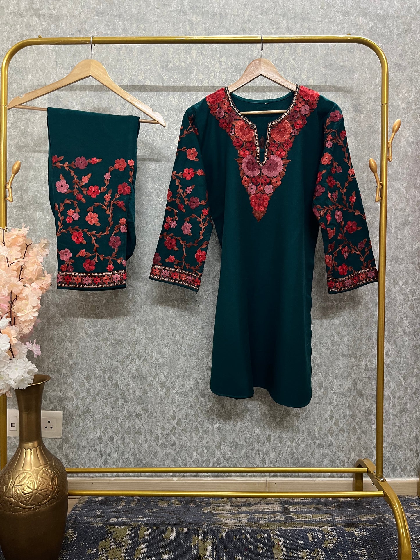 Teal Green Woollen Kashmiri Co-Ord Set ( Size 40 )