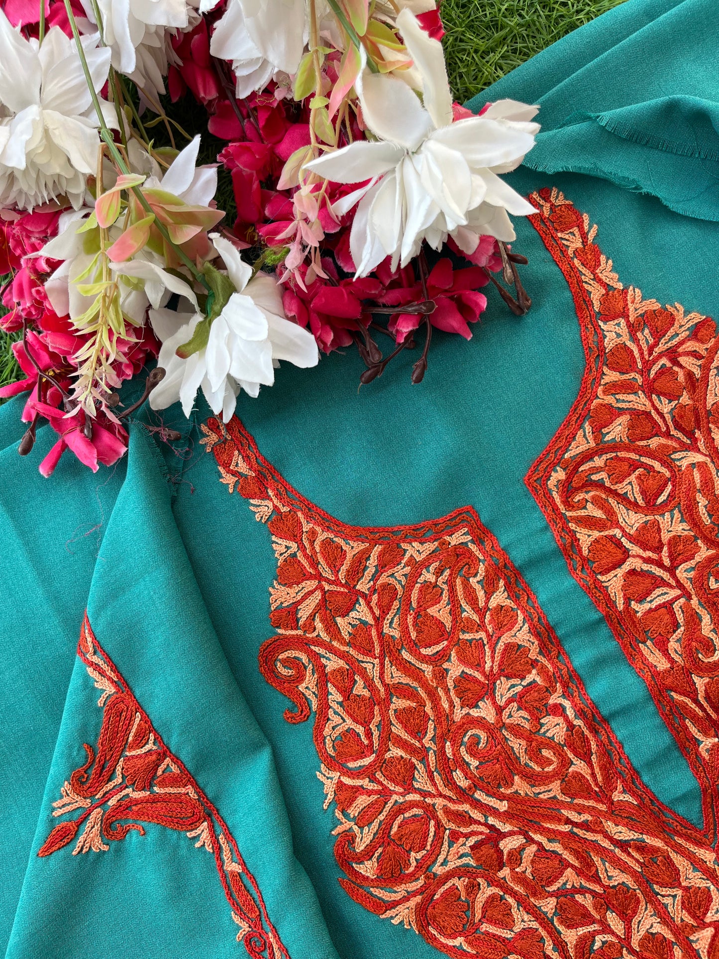 Green Cotton Two Piece Suit (Hand Embroidered)