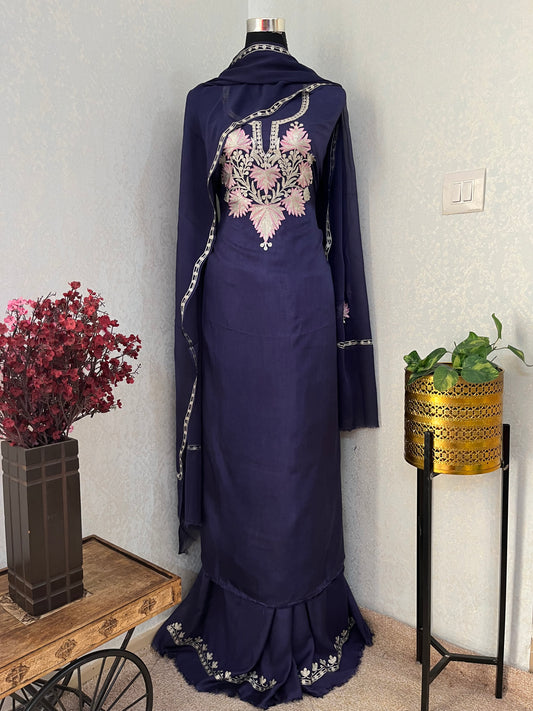 Navy Blue Silk Tilla Kashmiri Suit