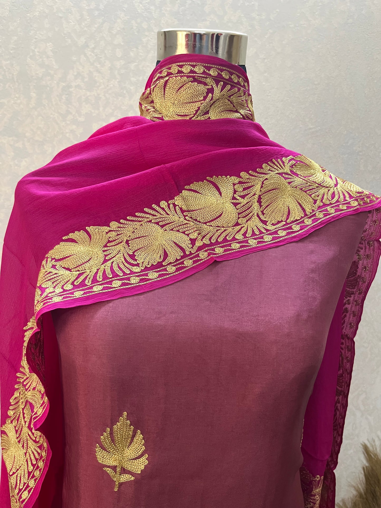 ‘Kalaa’ Onion Pink Opada Silk Tilla Embroidered Suit material