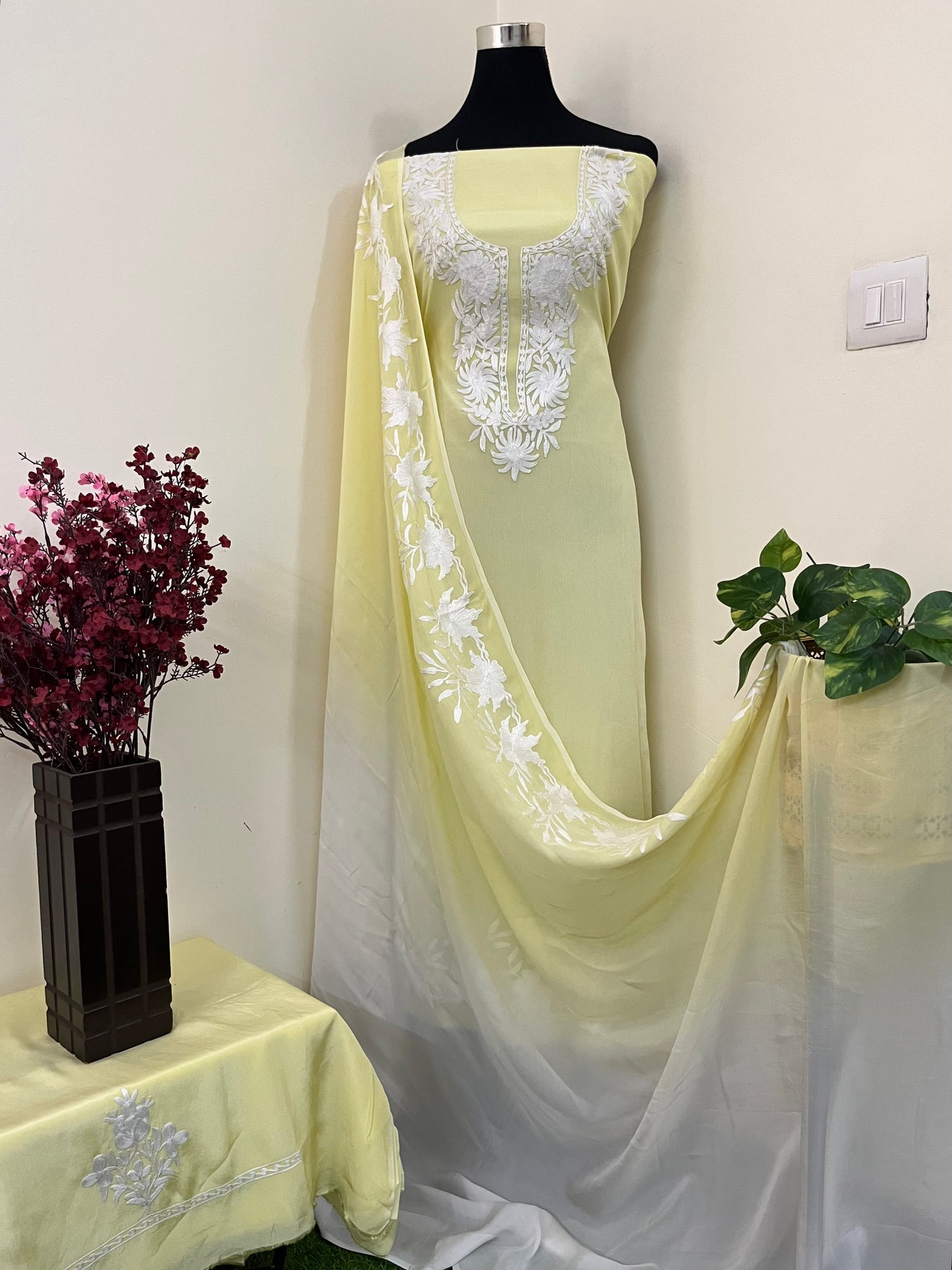 Lemon Yellow Chinon 3 Pc Aari Embroidered Suit