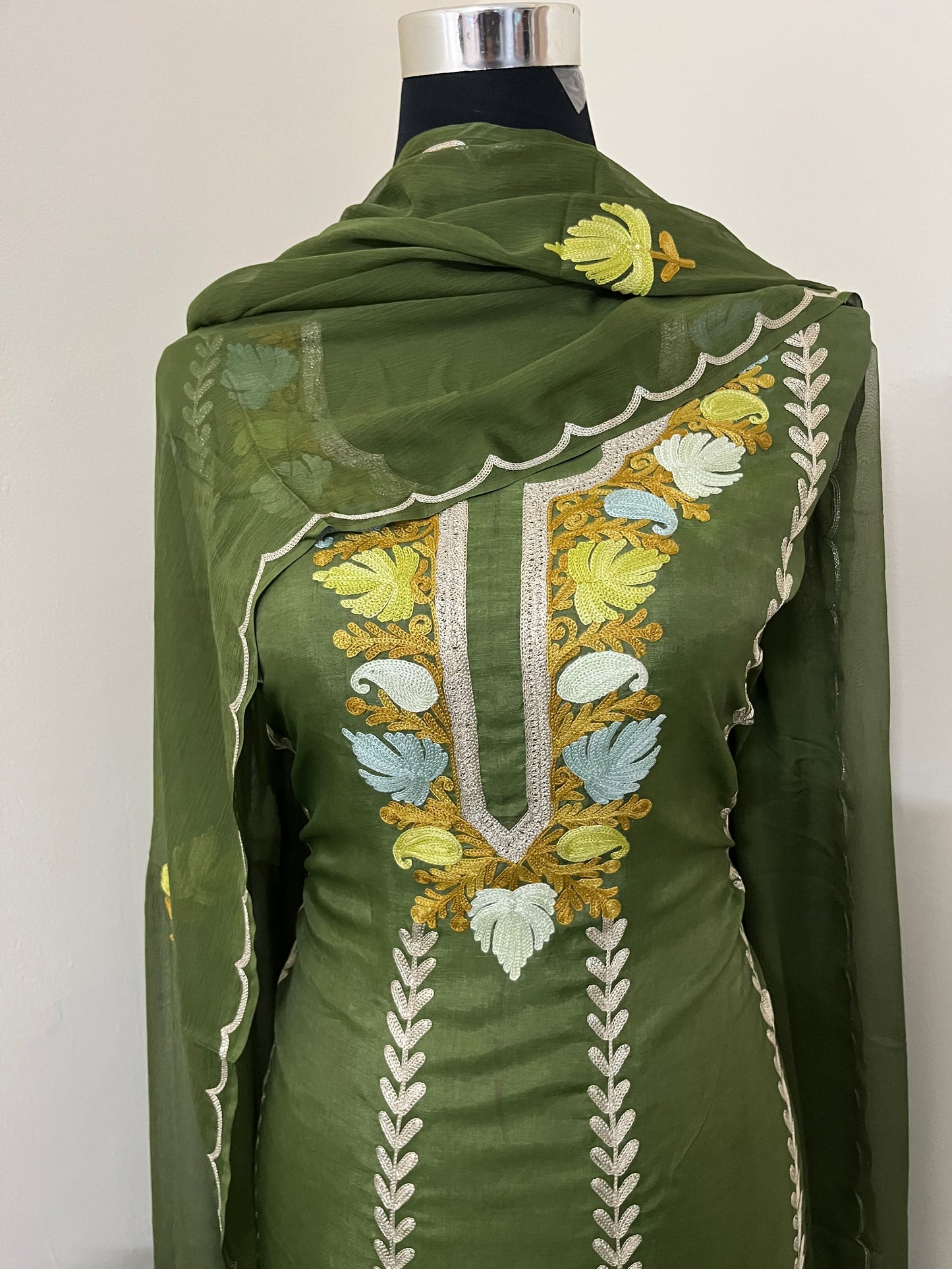 Sanam’ Henna Green Silk Aari Embroidered Suit material