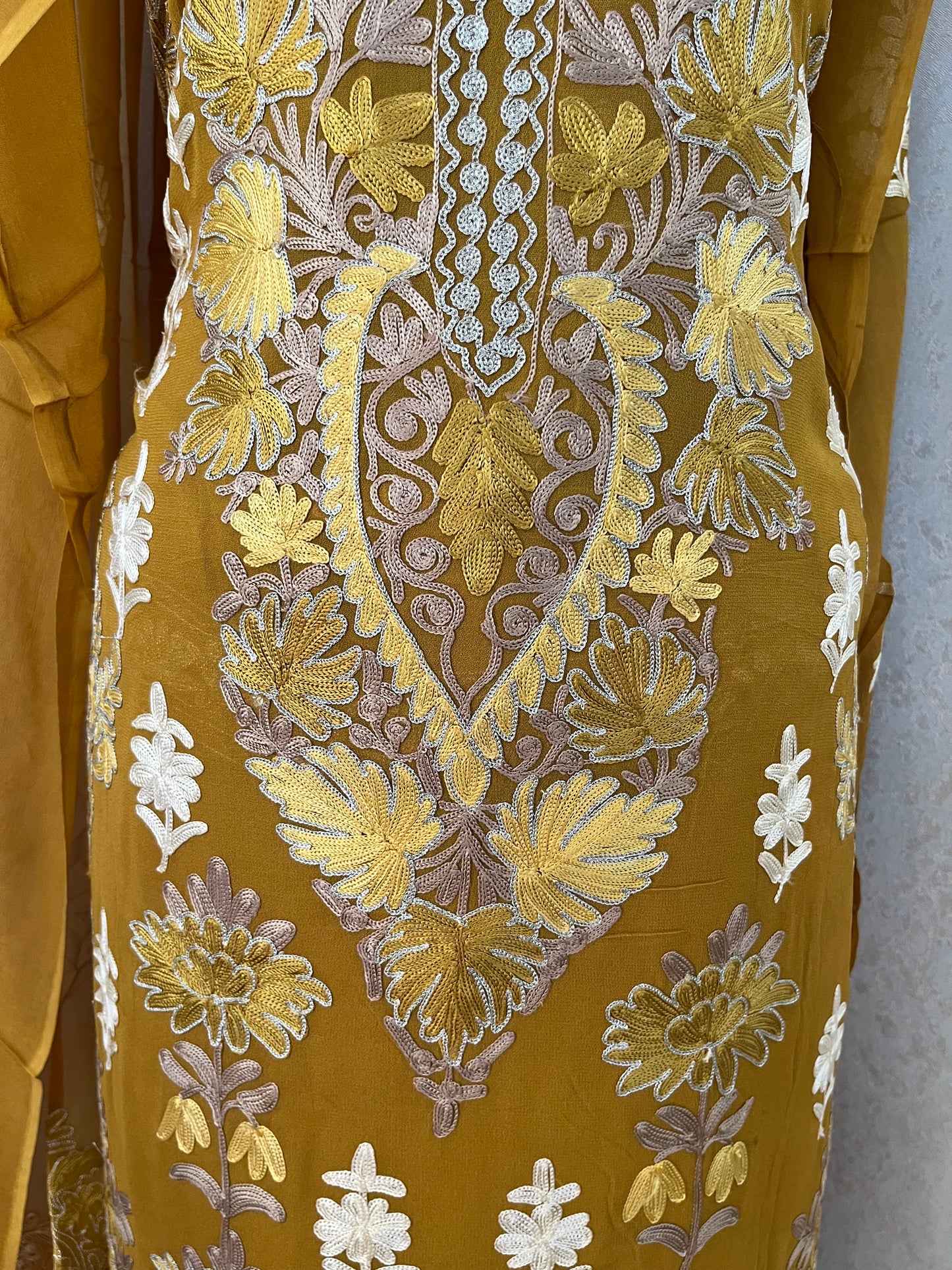 Mustard Pure Georgette 3 Pc Heavy Kashmiri Suit