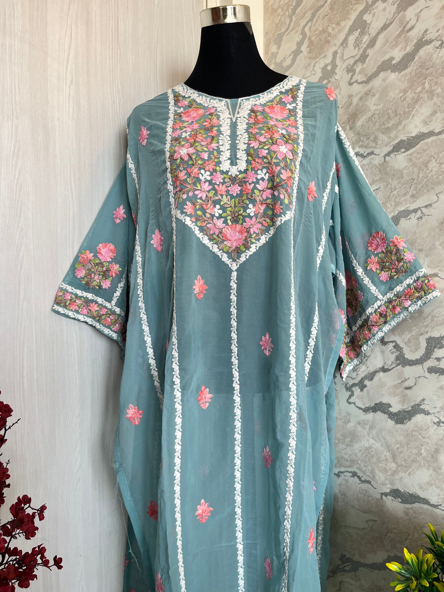 Sea Blue Georgette All over Work Aari Embroidered Unstitched Kurta Material