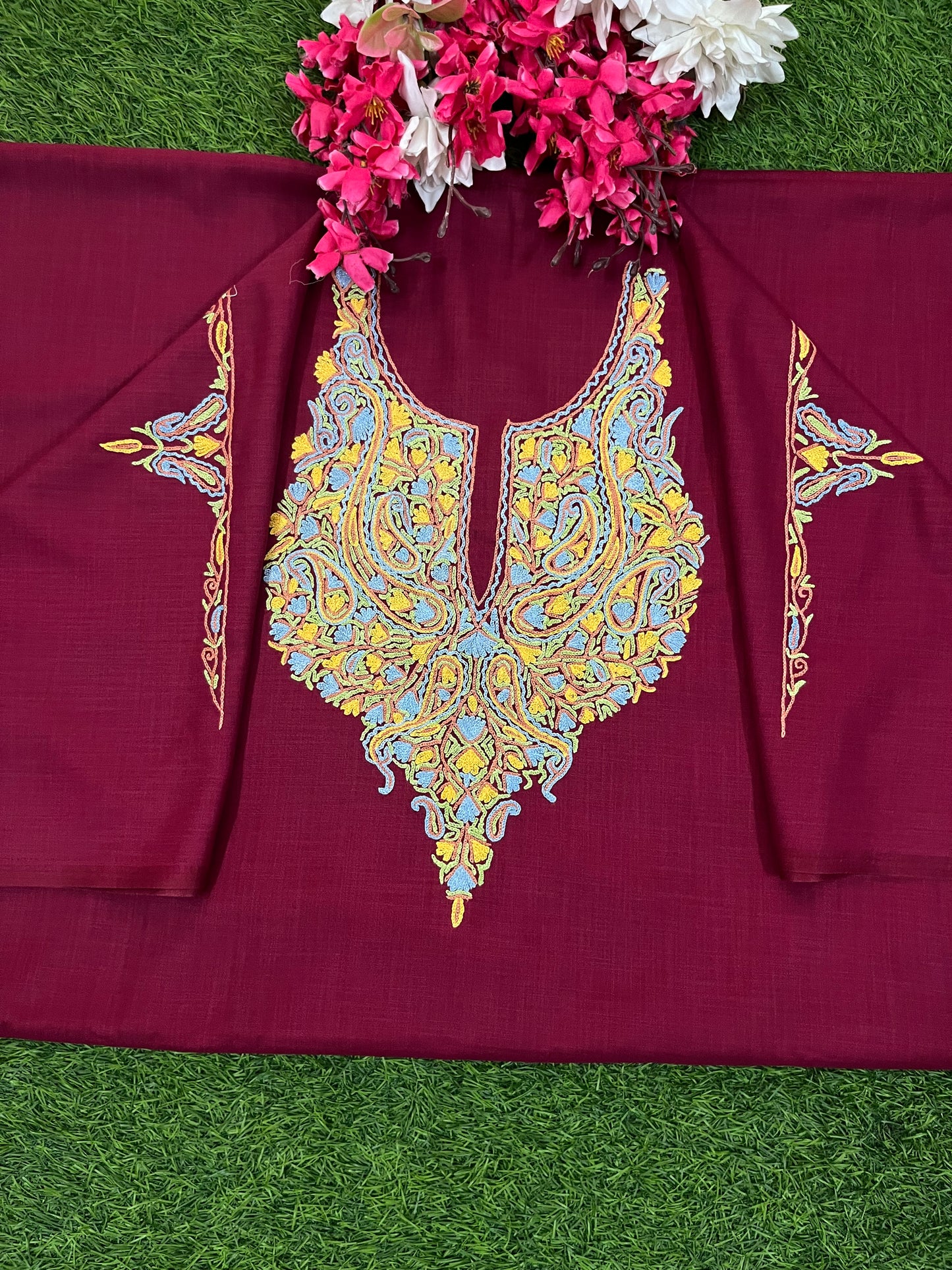 Maroon Cotton Two Piece Suit (Hand Embroidered