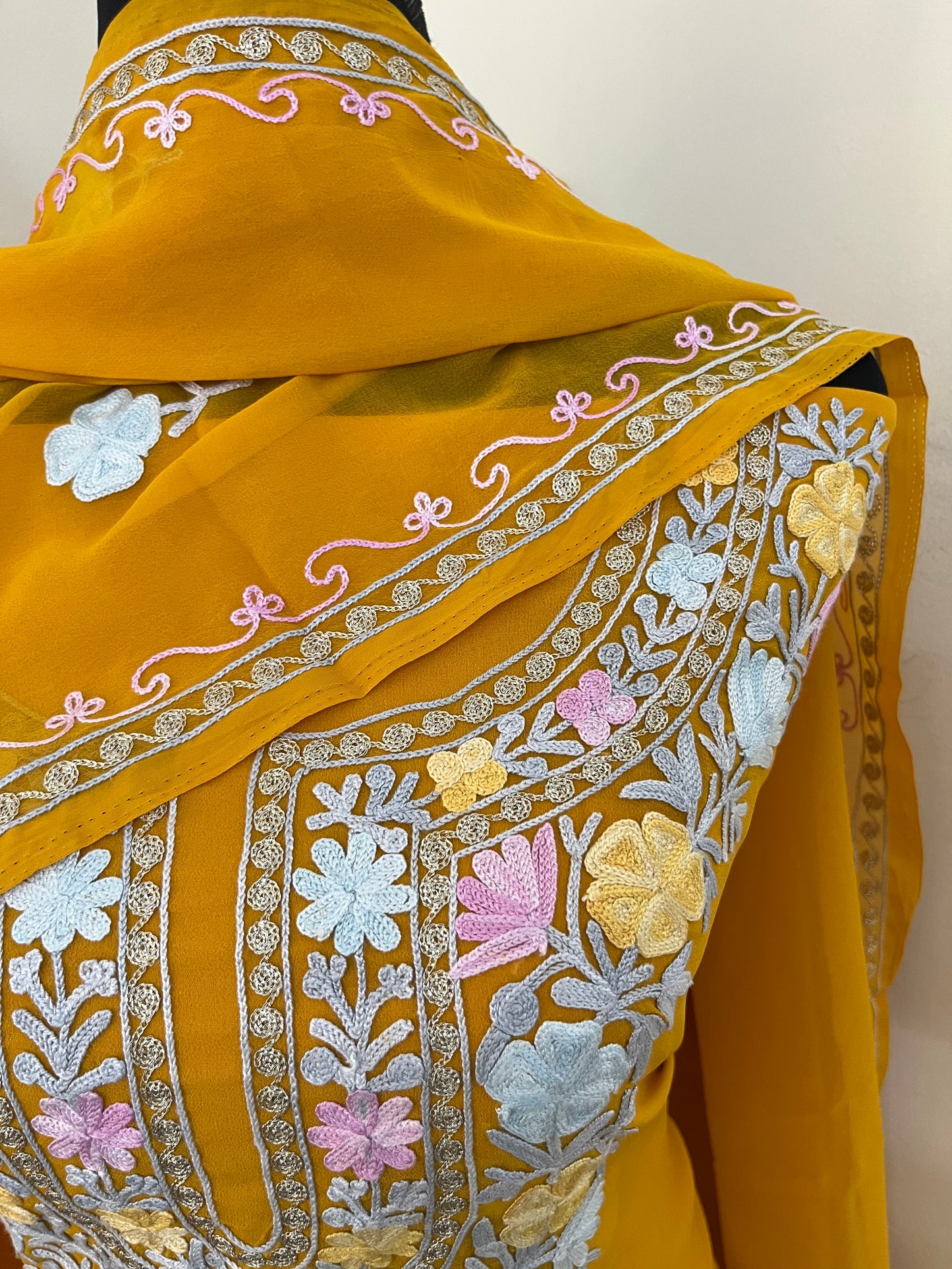 Mustard Georgette 3 Pc Aari Embroidered Suit Set