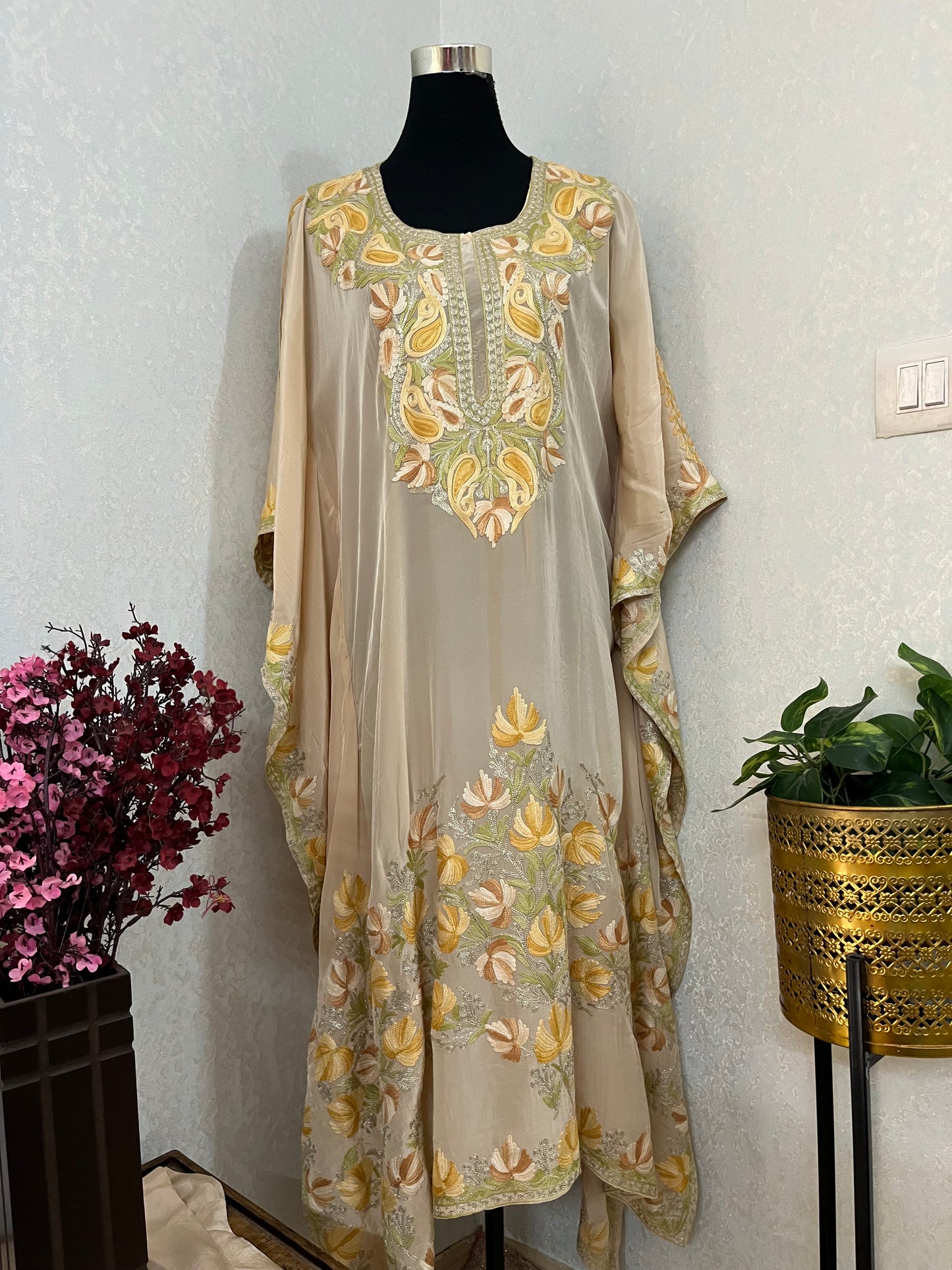 Beige Pure Crape Kashmiri Kaftan