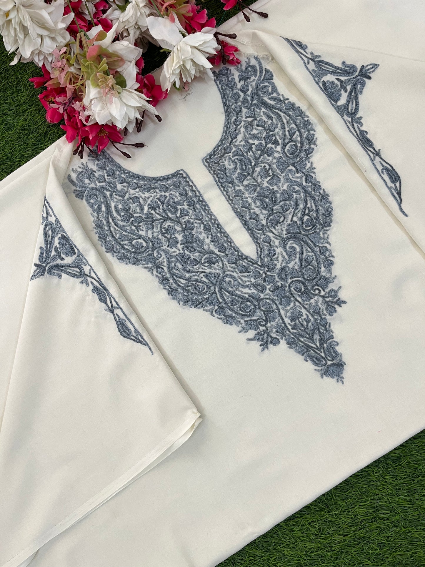 Off White Cotton Two Piece Suit (Hand Embroidered)