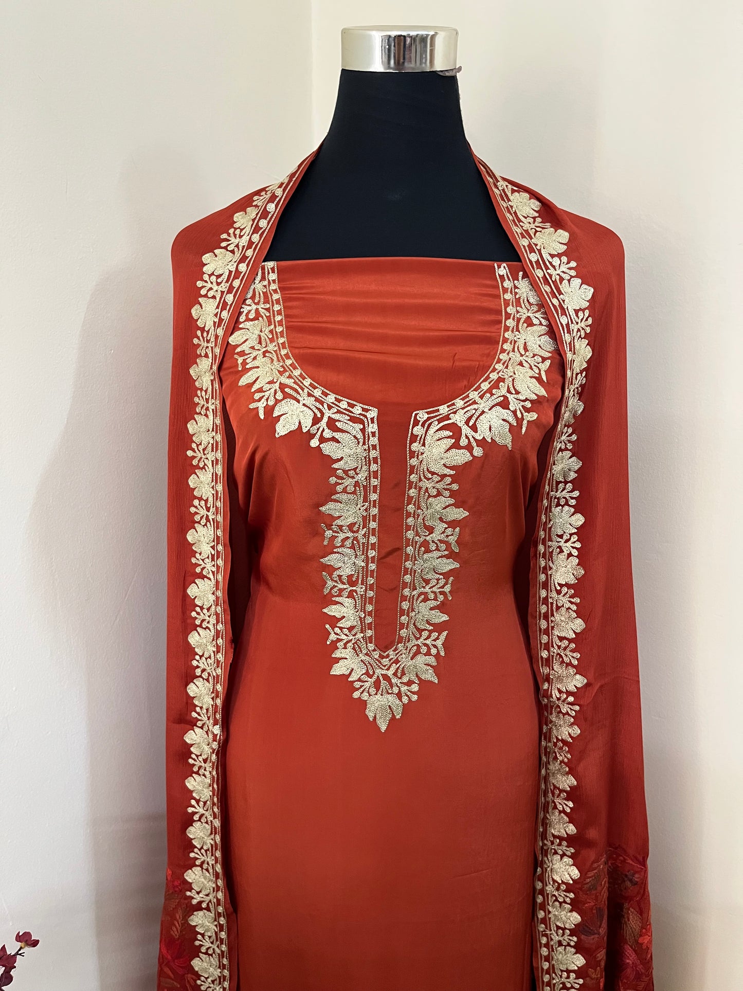 ‘Kalaa’ Rust Crape Kashmiri Suit