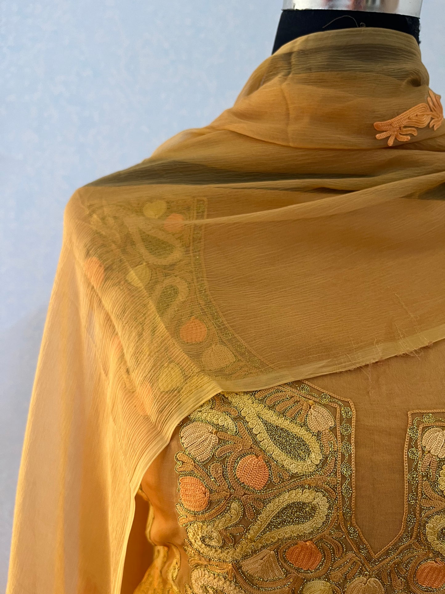 Mustard Yellow Pure Organza Cut Work Kashmiri Suit