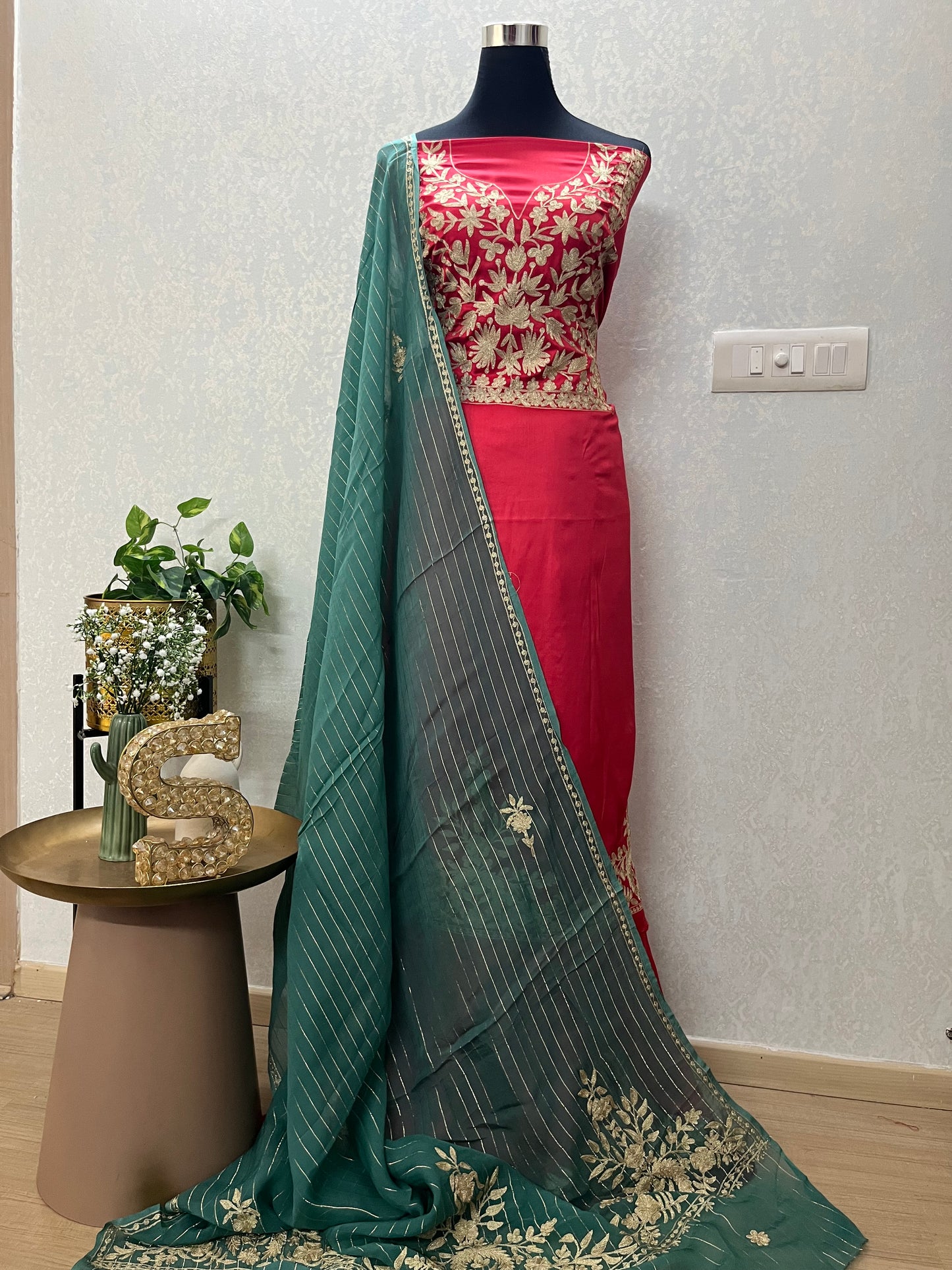 Red Satin Cotton Kashmiri Suit
