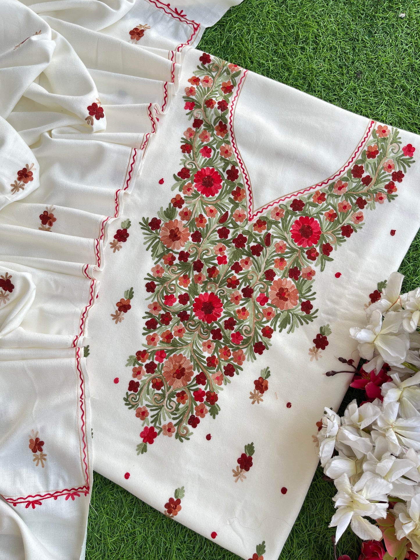 Off White Woollen Aari Embroidered 3pc suit