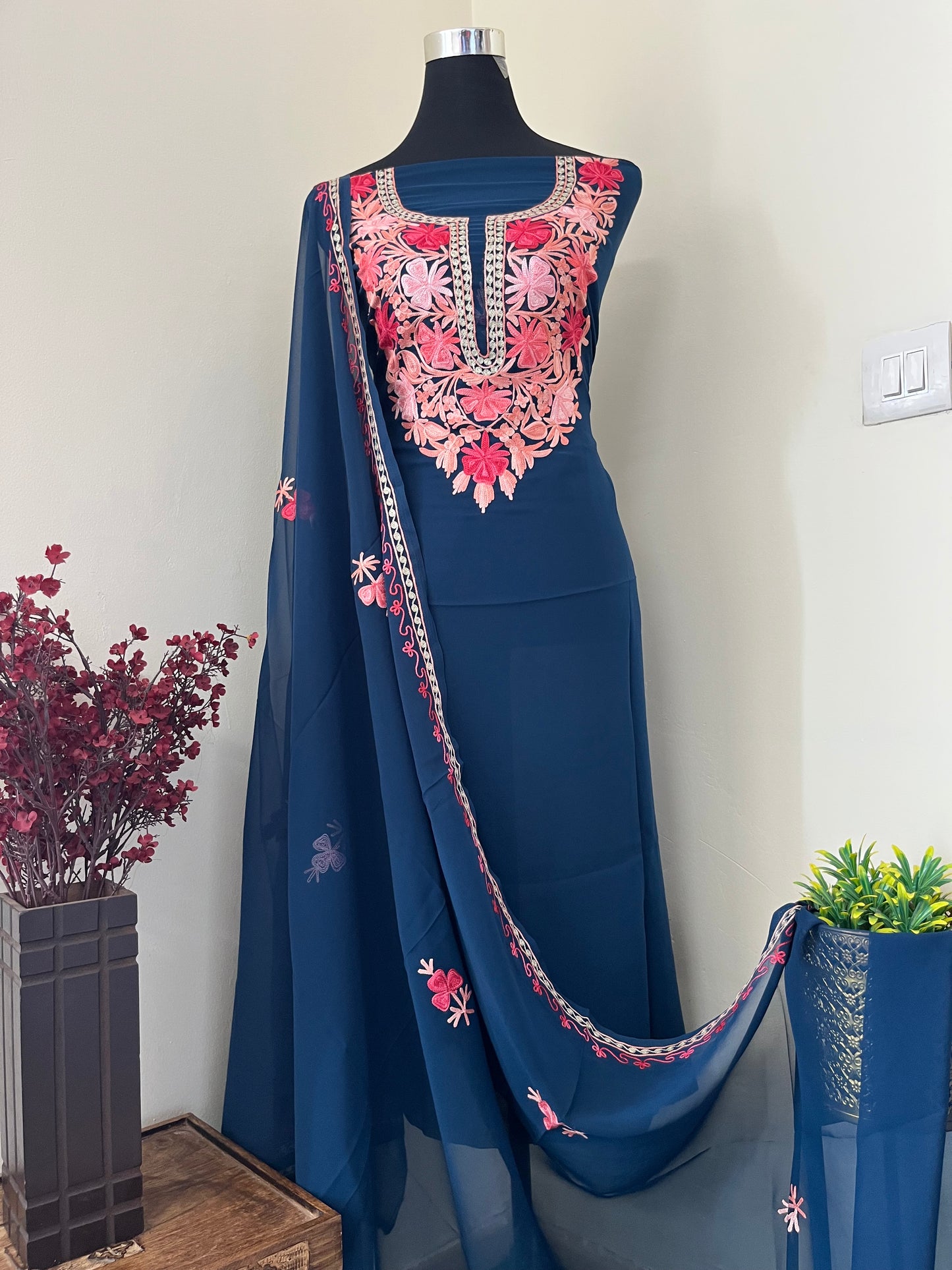 Teal Blue Georgette Shirt and Dupatta Aari Embroidered Suit