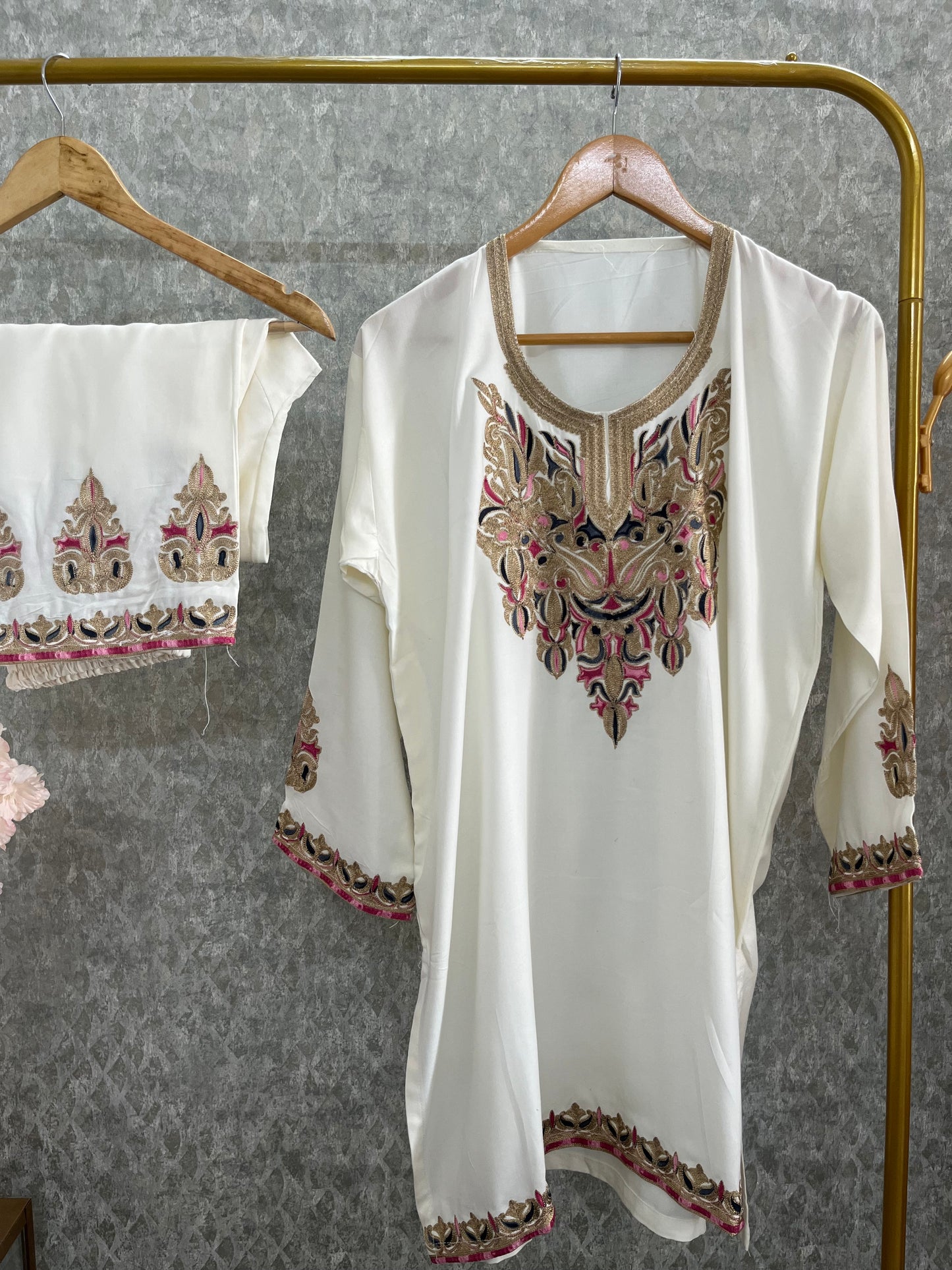 Off White Cotton Stitched Co-ord Set(42) Length 37
