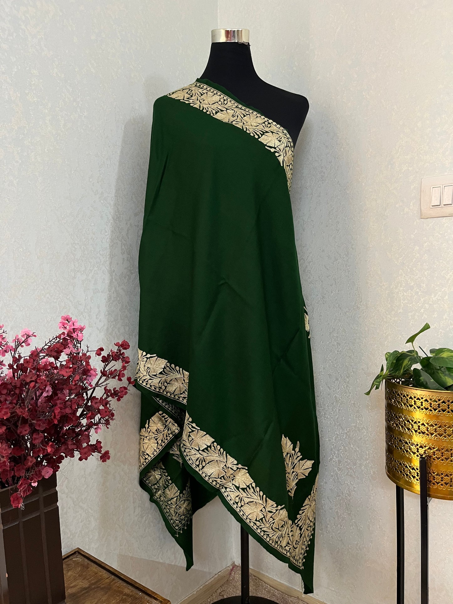 Bottle Green Semi Pashmina Tilla Embroidered stole
