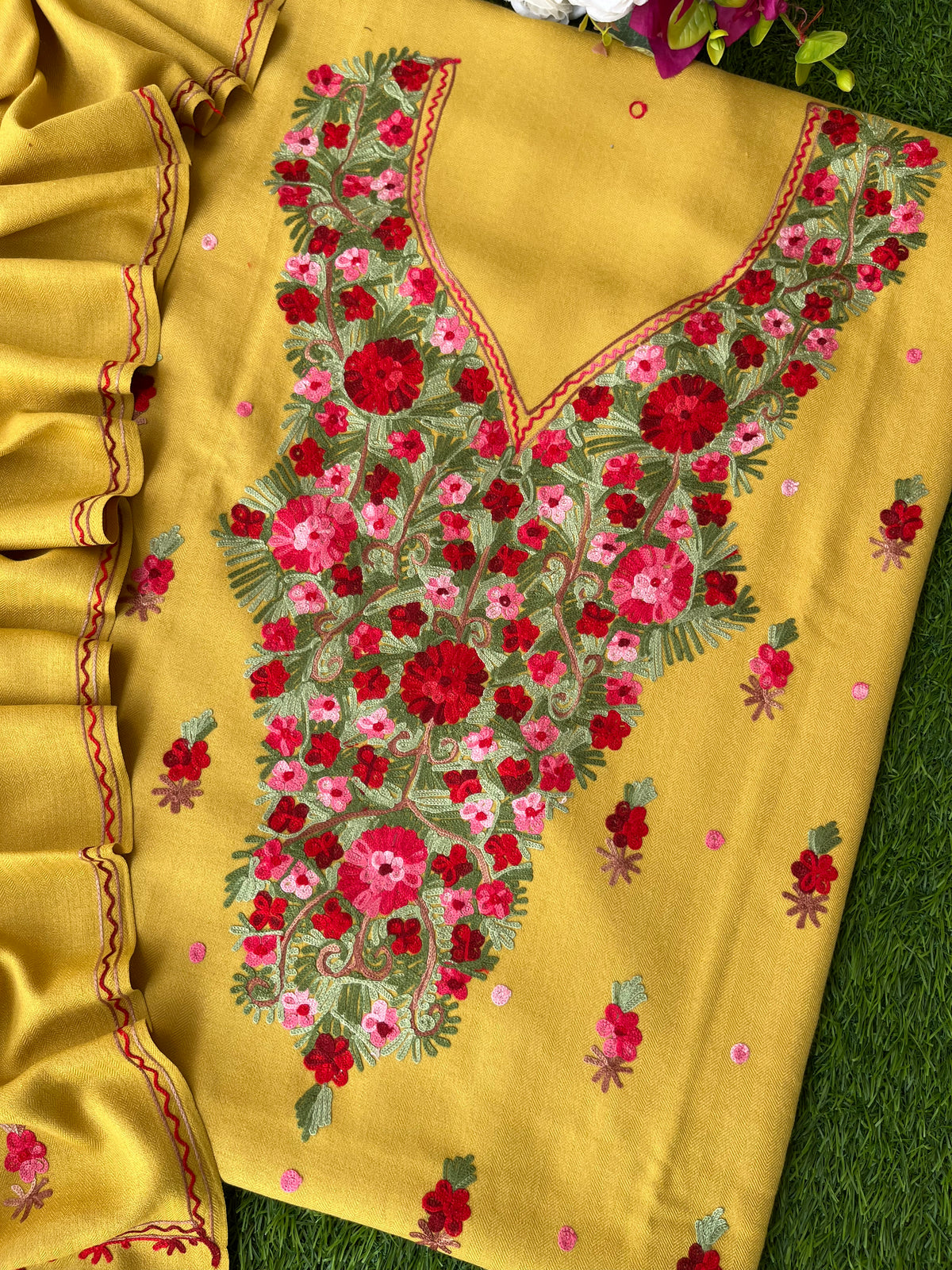 Yellow Woollen Aari Embroidered 3pc suit