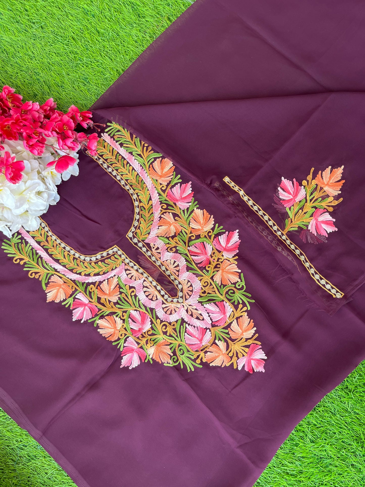 Wine Georgette Aari Embroidered Unstitched Kurta Material