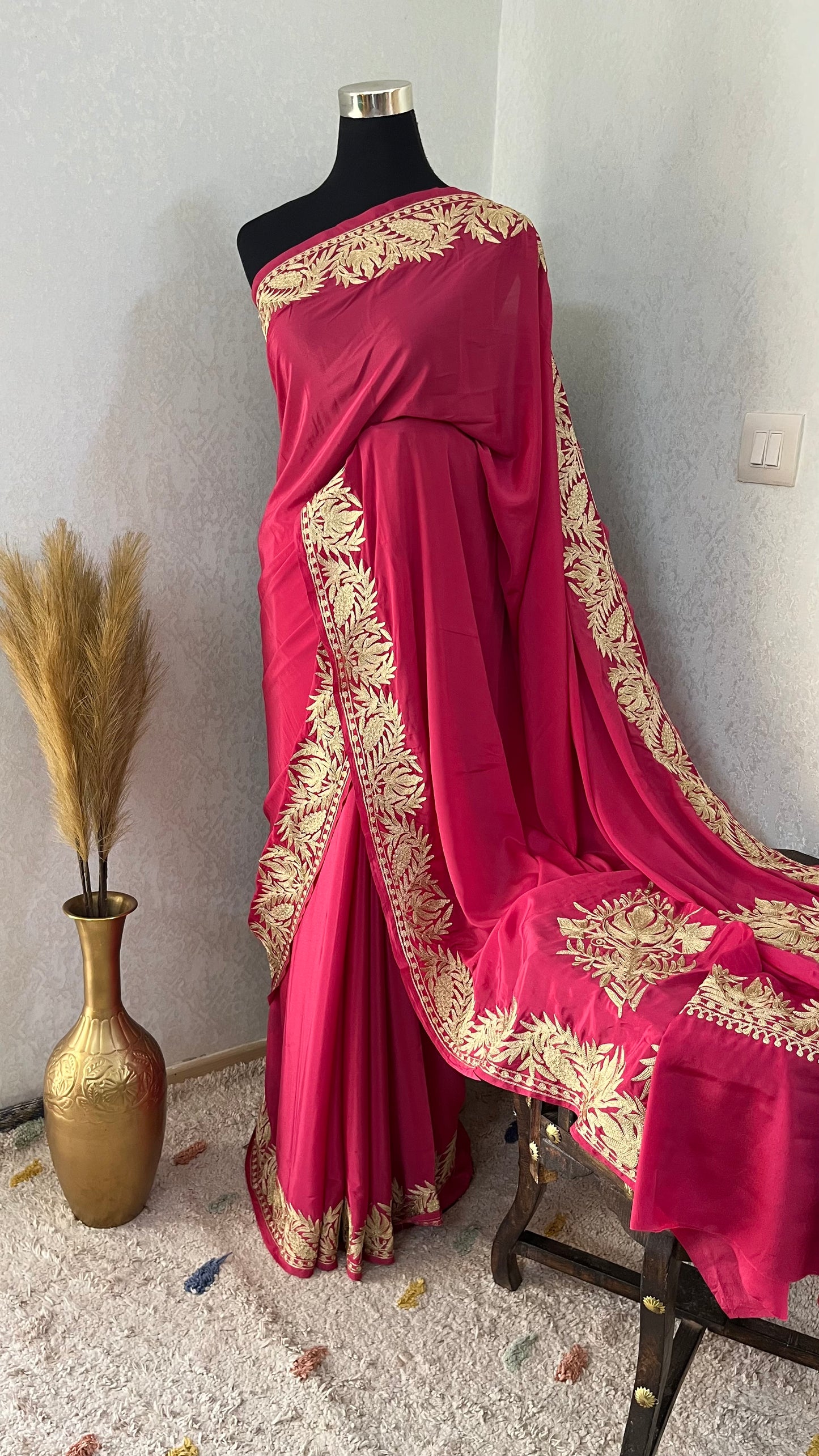 Pink Crape Kashmiri Tilla Saree