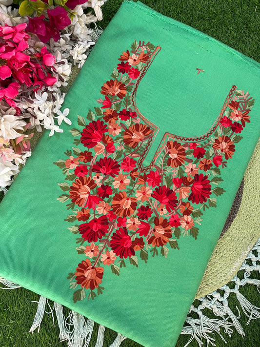 Soft Green Woollen Aari Embroidered 2pc suit 5mtr
