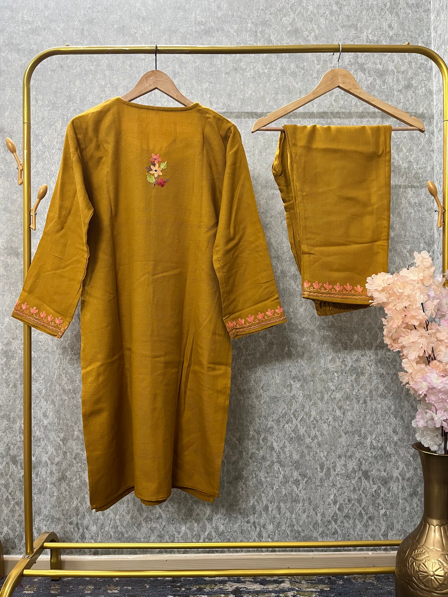 Mustard Woollen Kashmiri Co-Ord Set ( Size 42)