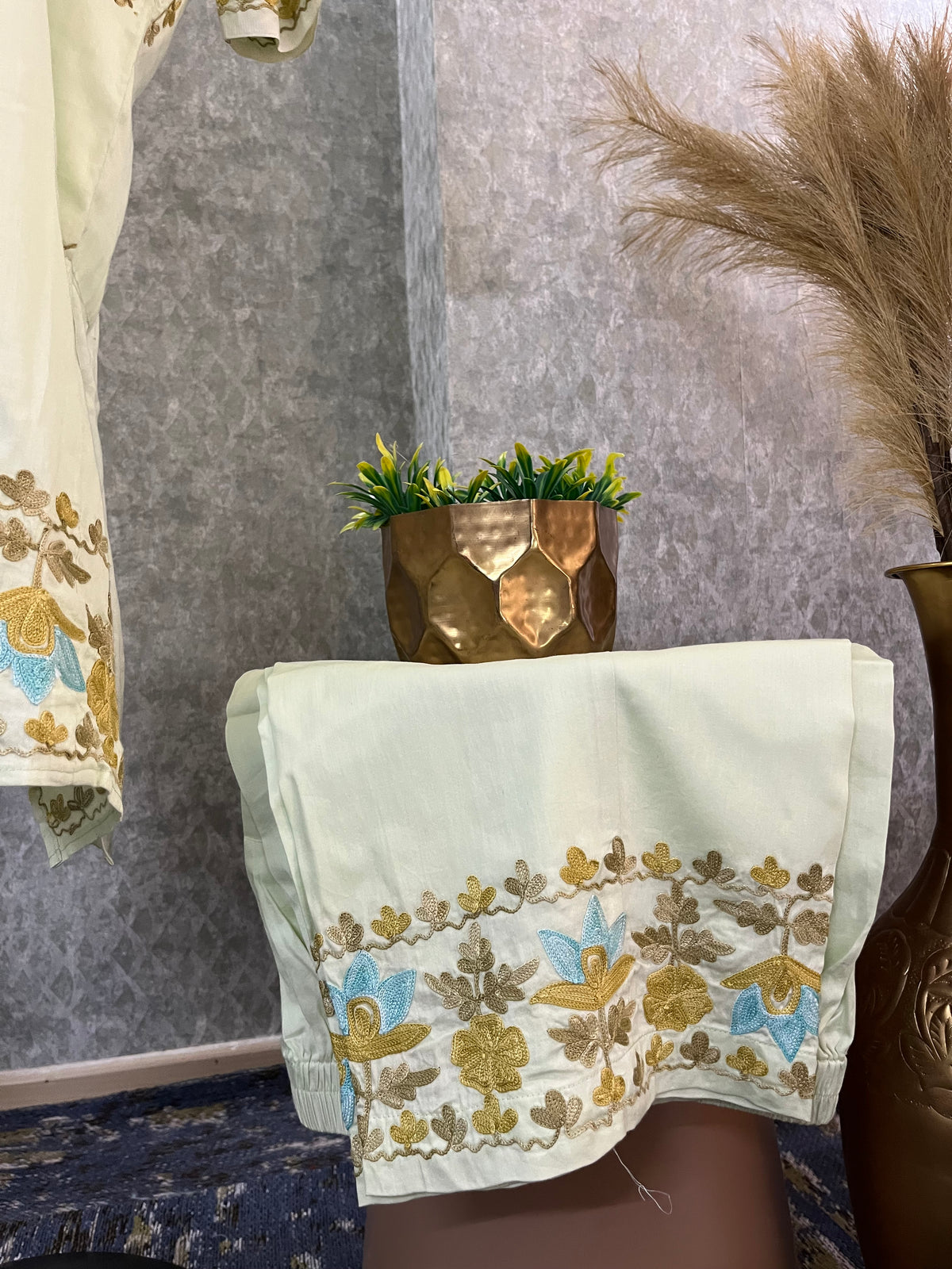 Sage Green Cotton Front Jaal Pheran Set  Size(44)