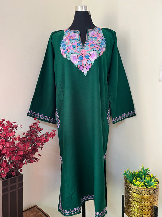 Bottle Green Aari Embroidered Wool Pheran