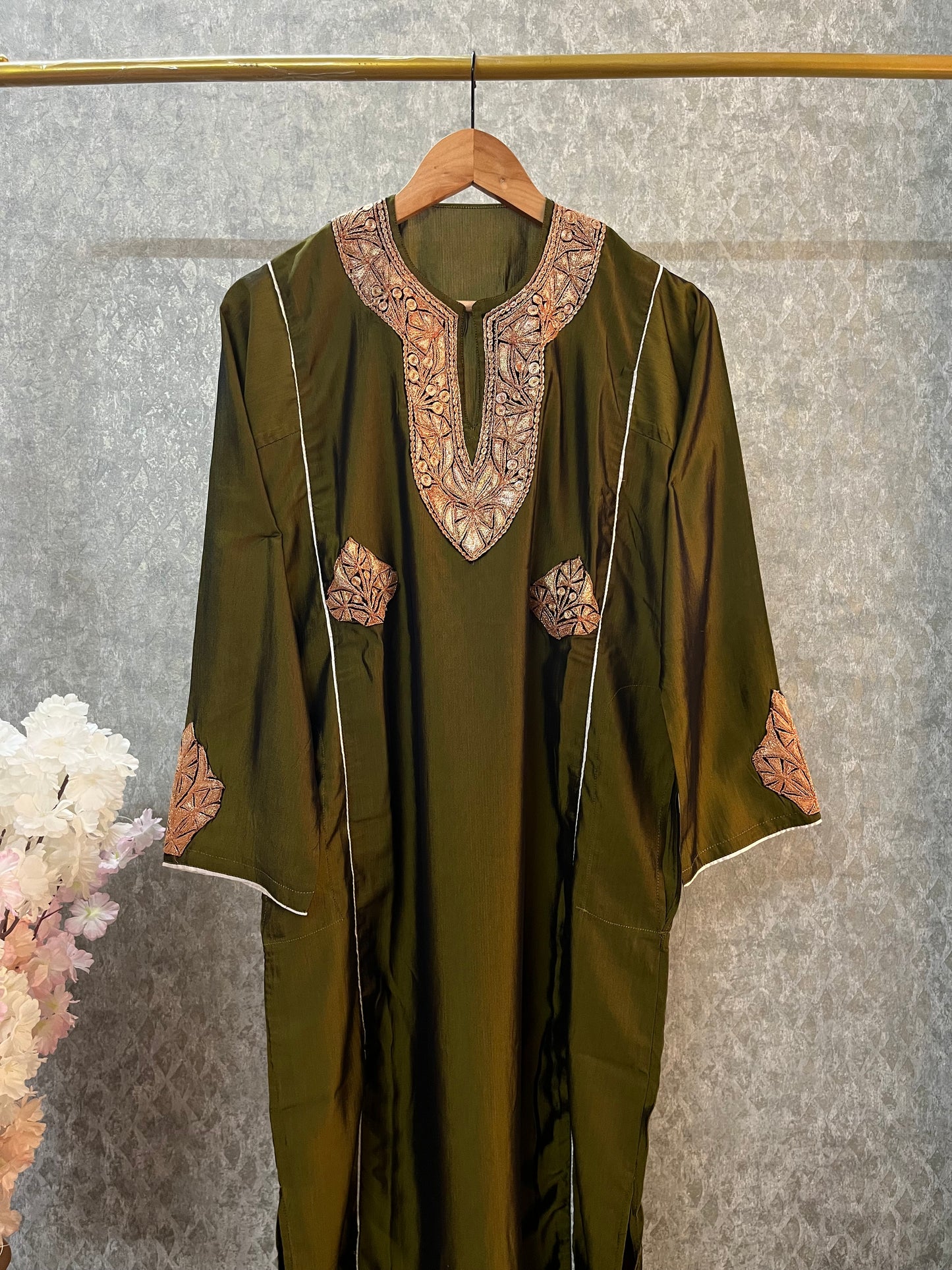 Henna Green Silk Tilla Embroidered Phiran