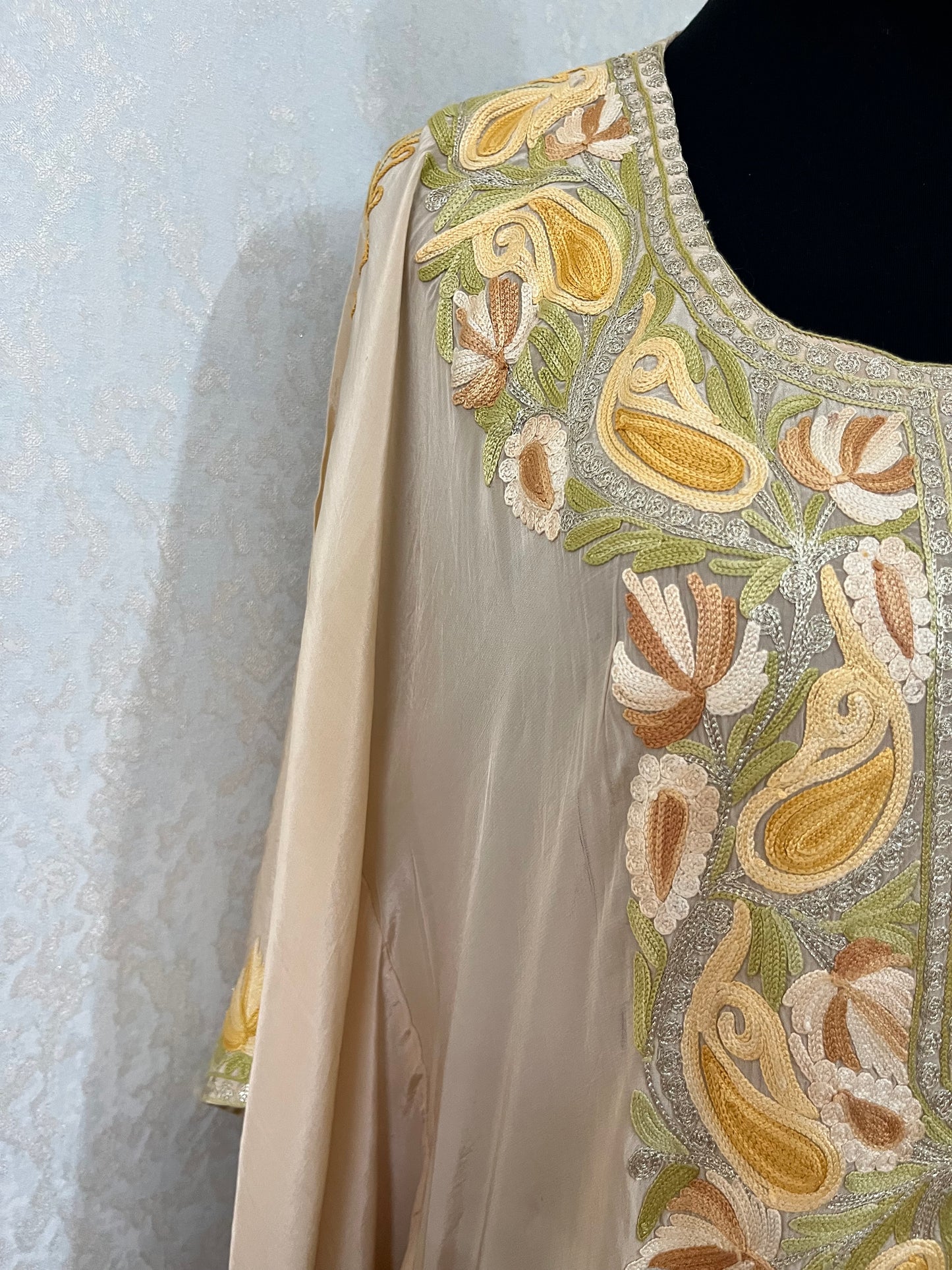 Beige Pure Crape Kashmiri Kaftan