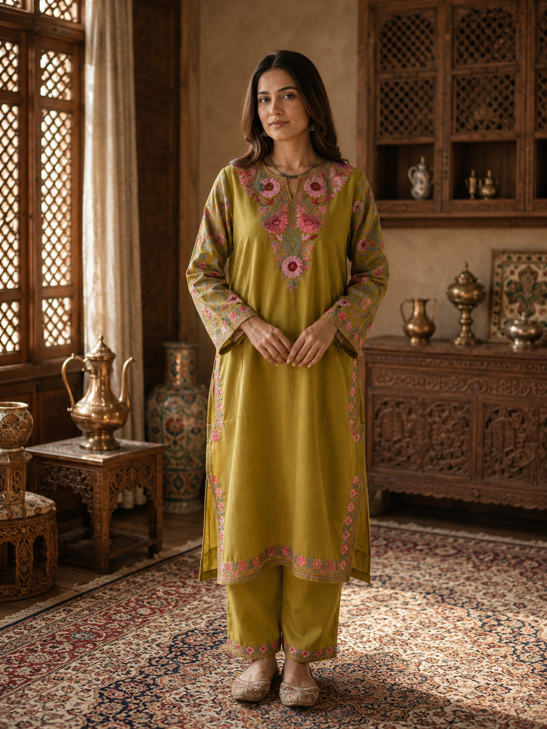 Green Cotton Arm Jaal Pheran Set