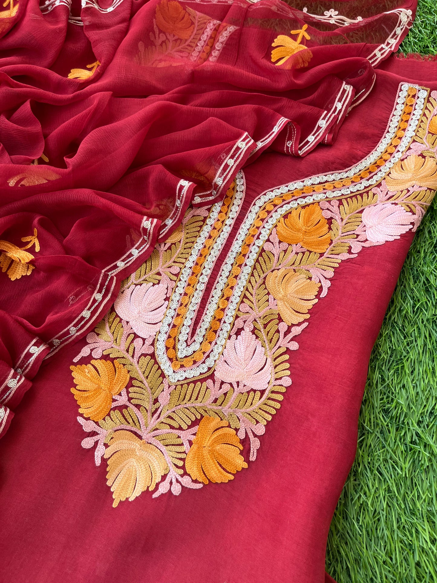 Maroon Opada Silk Aari Embroidered Suit material