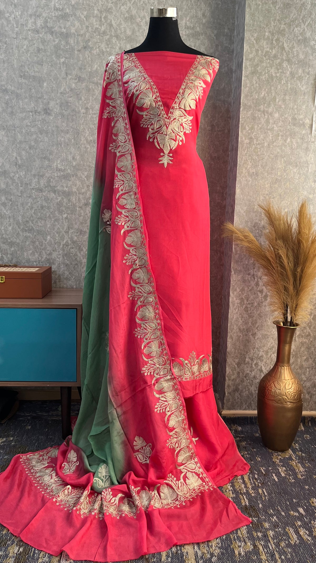Carrot Pink Sanam Silk Kashmiri Suit