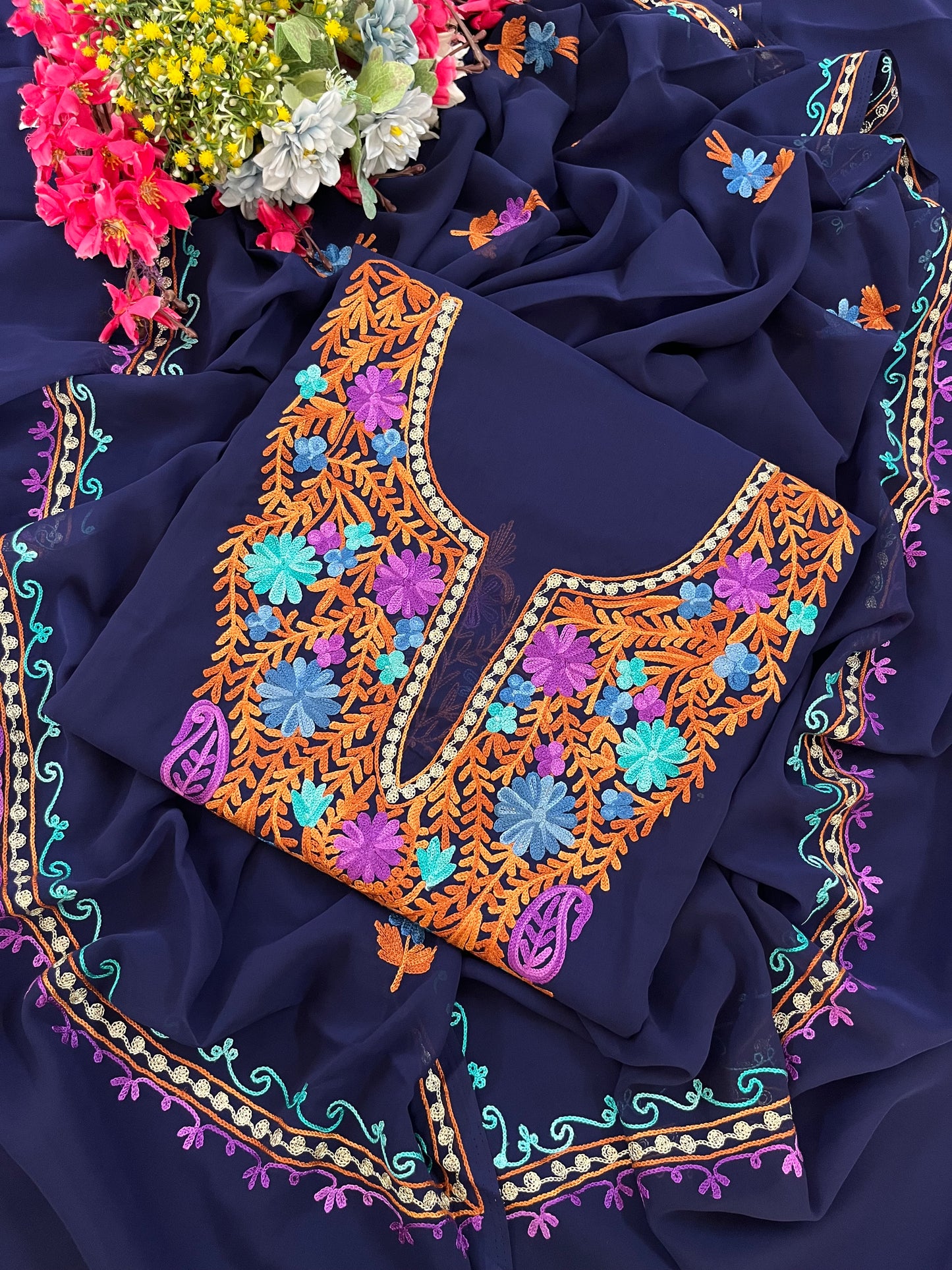 Blue Georgette 3 Pc Aari Embroidered Suit Set