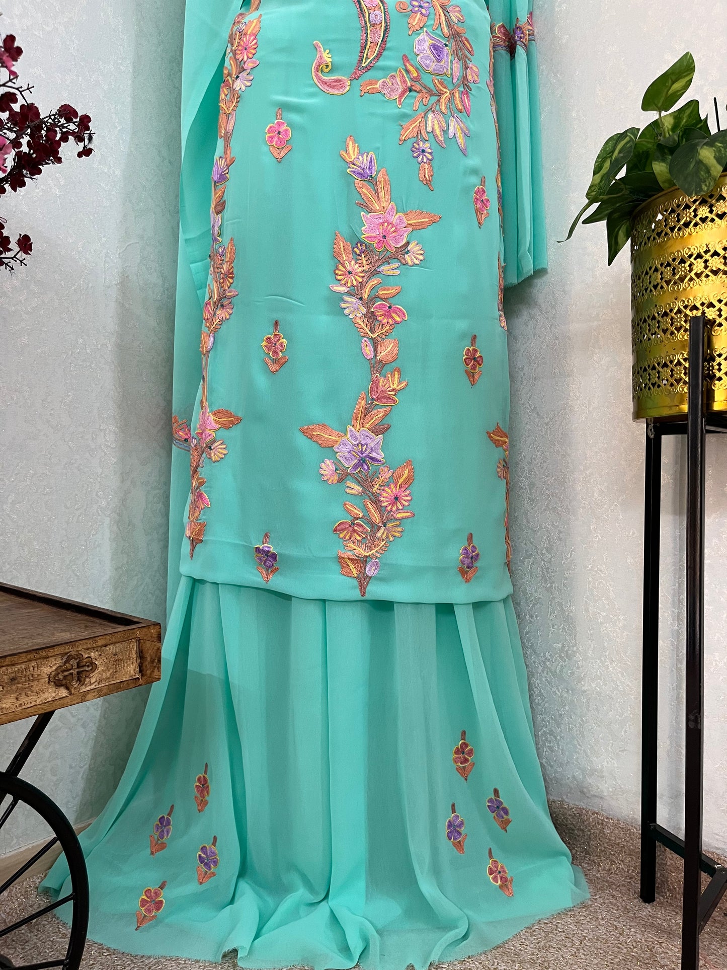 Sky Green Georgette 3 Pc Aari Embroidered Suit