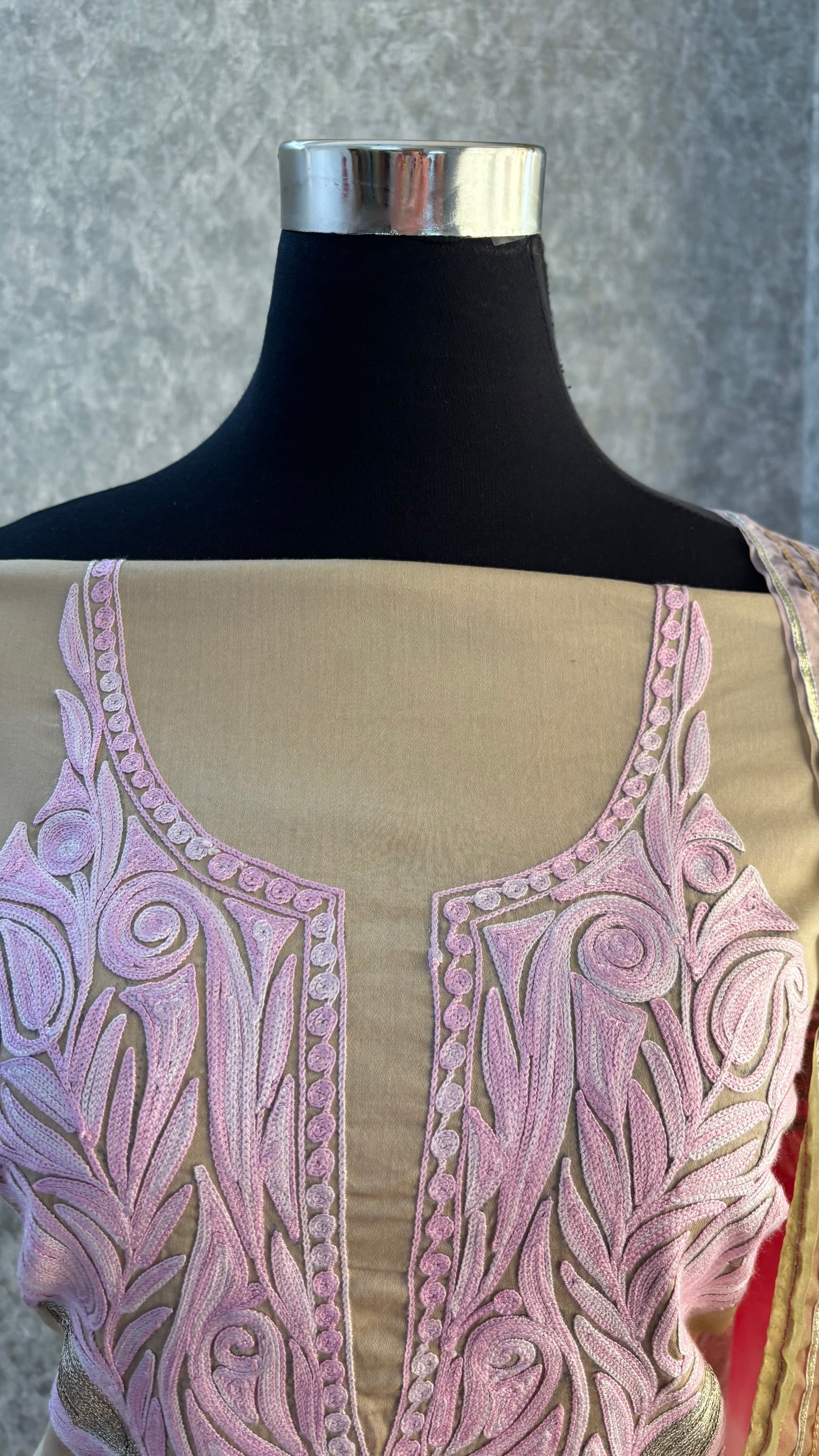 Beige Satin Cotton Kashmiri Suit