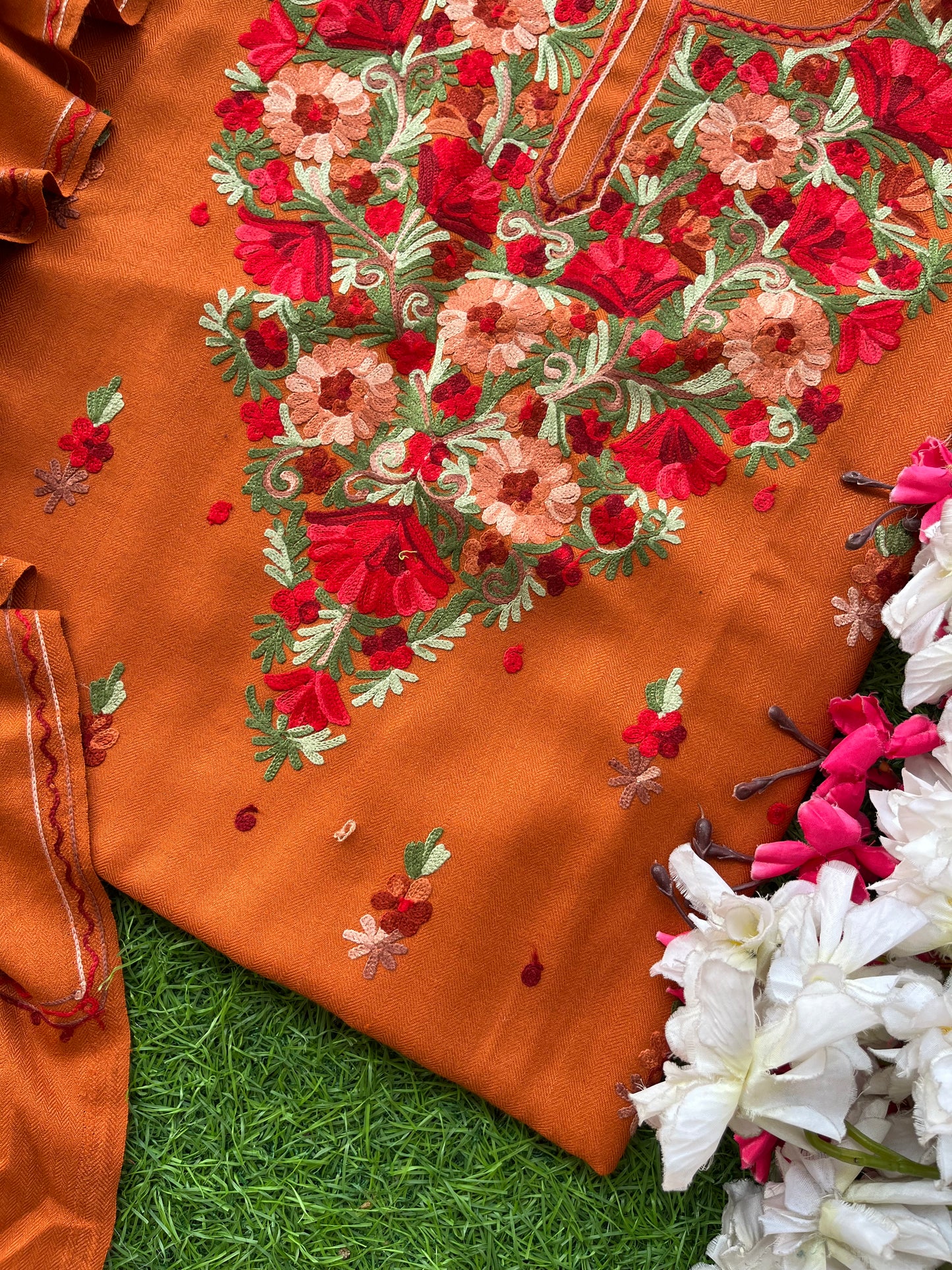 Orange Woollen Aari Embroidered 3pc suit