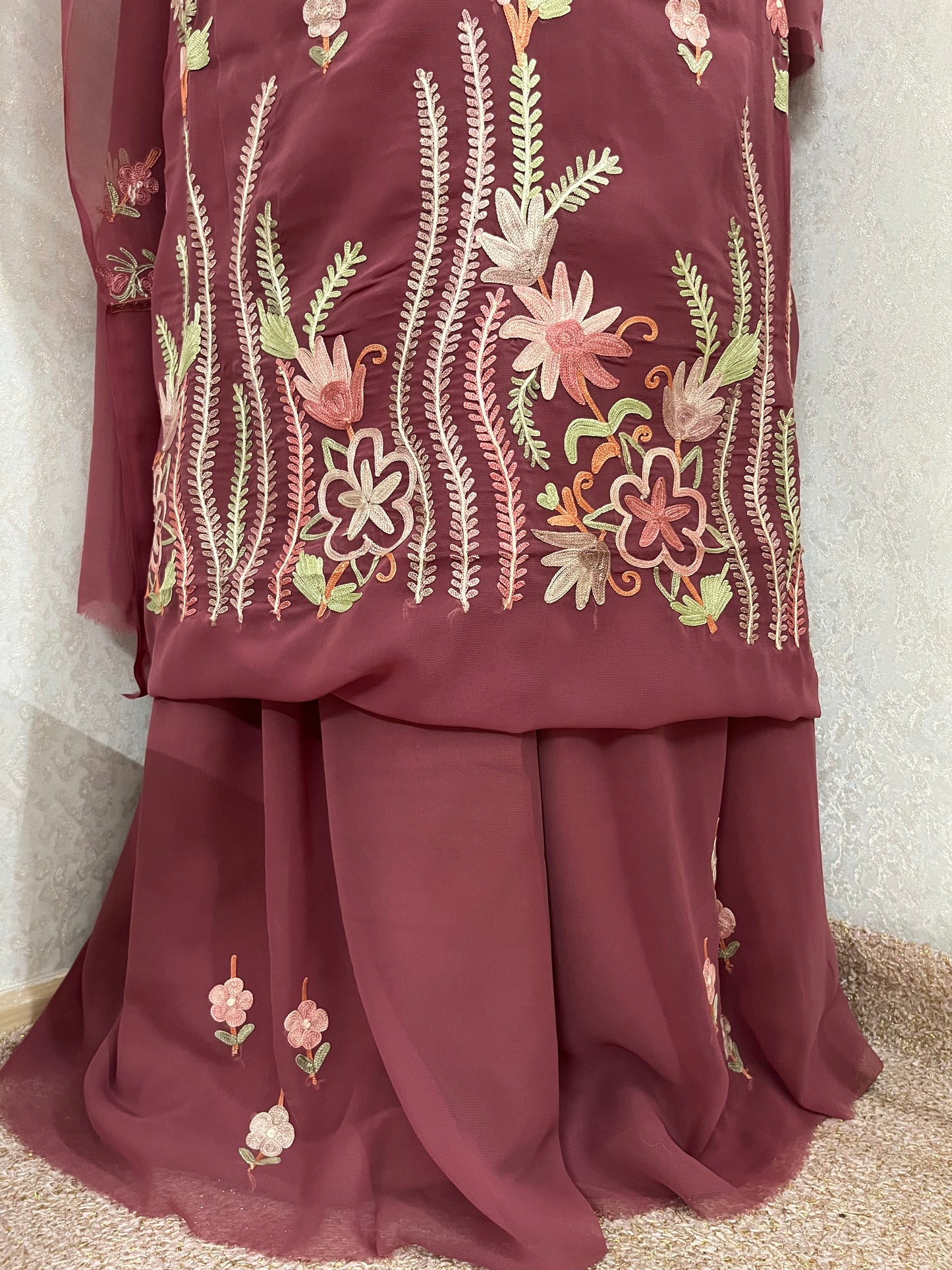 Onion Pink Georgette 3 Pc Kashmiri Suit