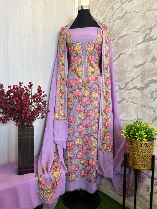 Light Purple Pure Georgette Aari Embroidered Suit