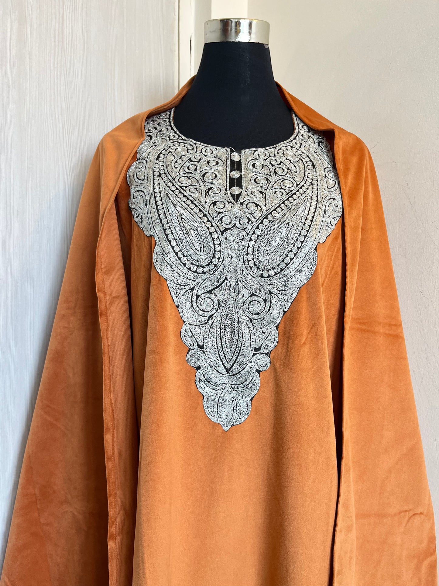 Orange Aari Embroidered 3 pc Velvet Suit Material