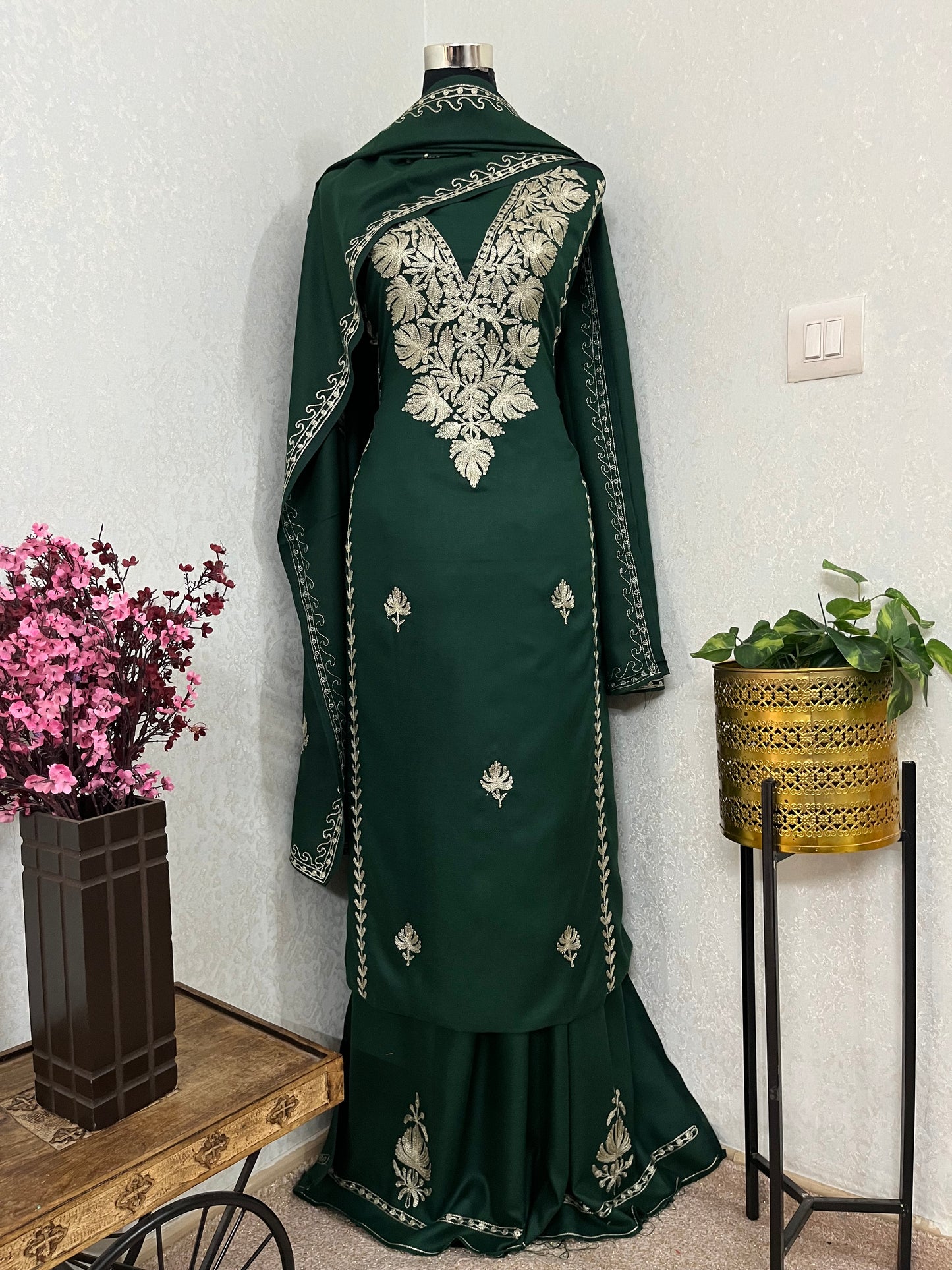 Bottle Green Tilla Embroidered 3pc Suit Stole