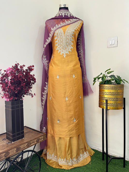 Golden Yellow Chanderi Silk Kashmiri Suit