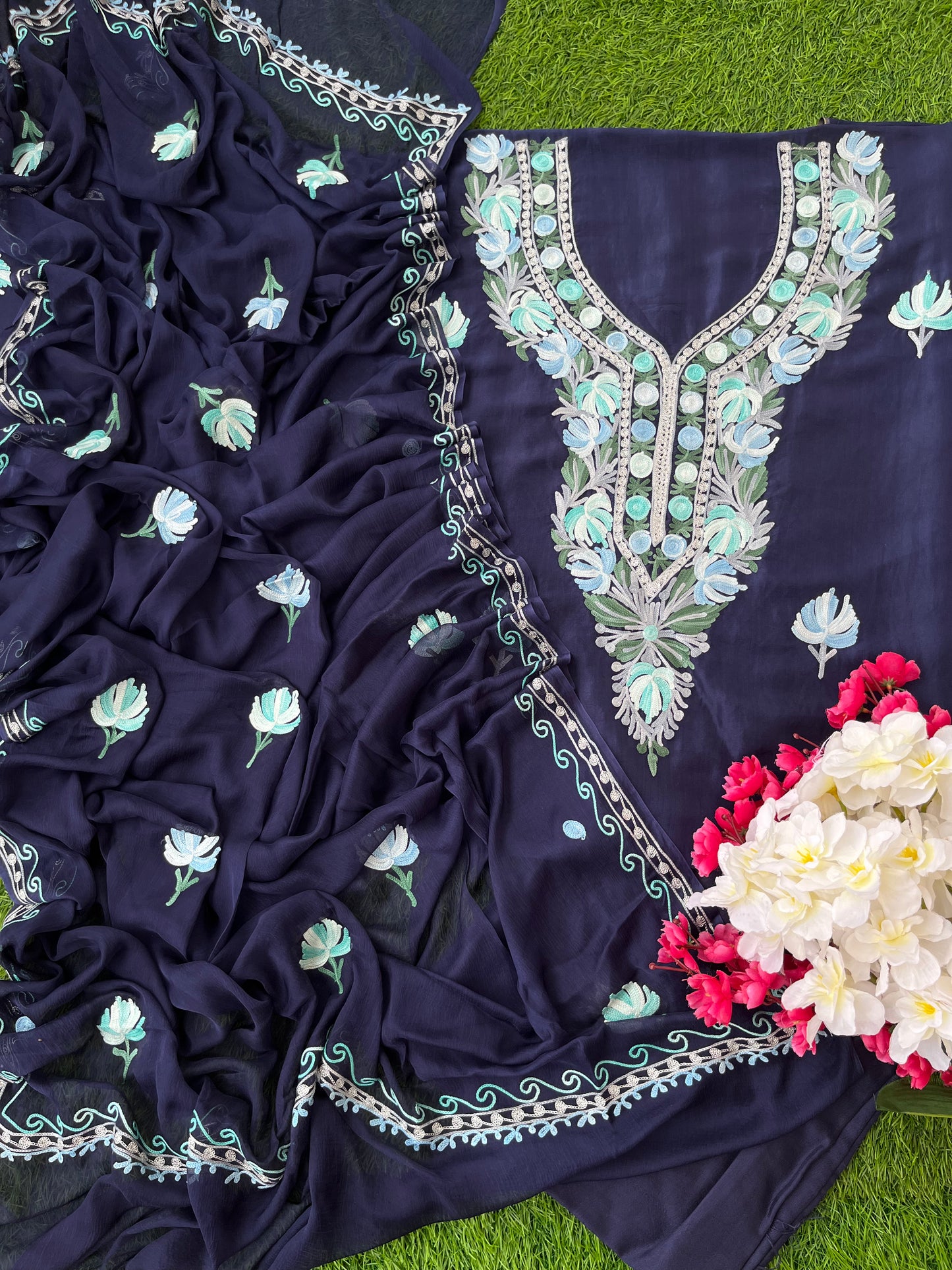 Blue Opada Silk Aari Embroidered Suit material