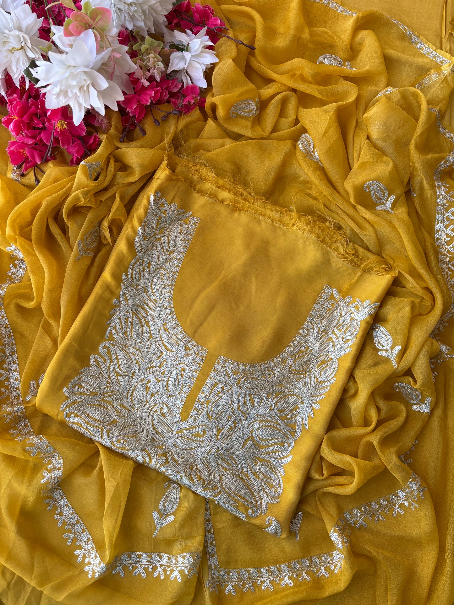 Golden Yellow Silk Tilla Kashmiri Suit