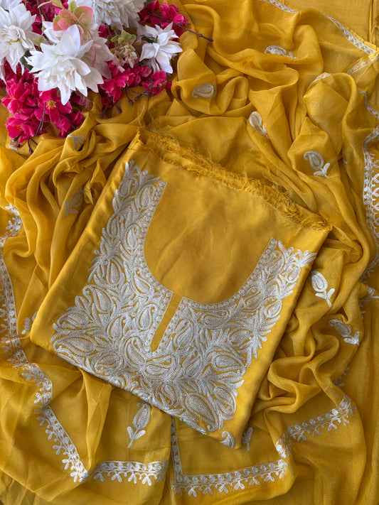 Golden Yellow Silk Tilla Kashmiri Suit
