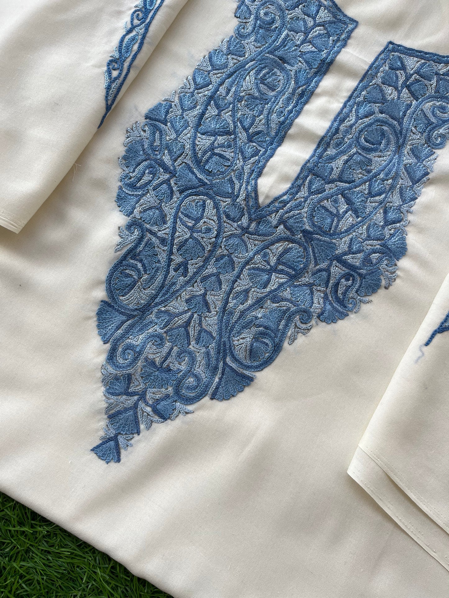 Off White Cotton Two Piece Suit (Hand Embroidered)