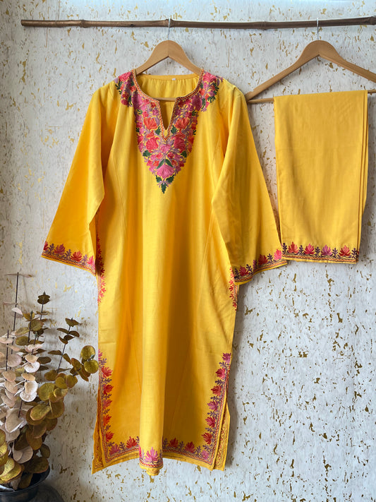 Yellow Cotton Pheran Set (Free Size)