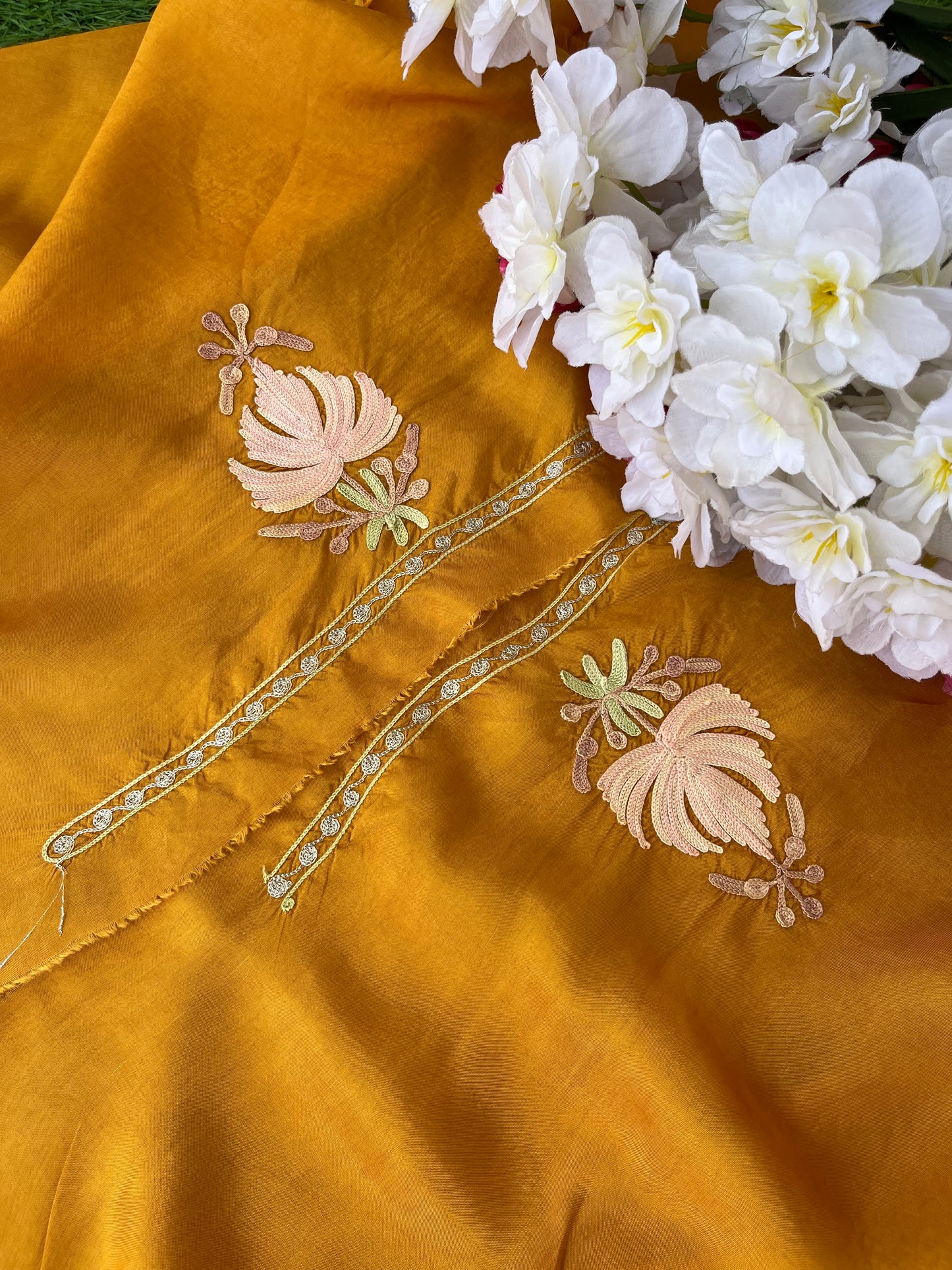 Mustard Opada Silk Aari Embroidered Suit material