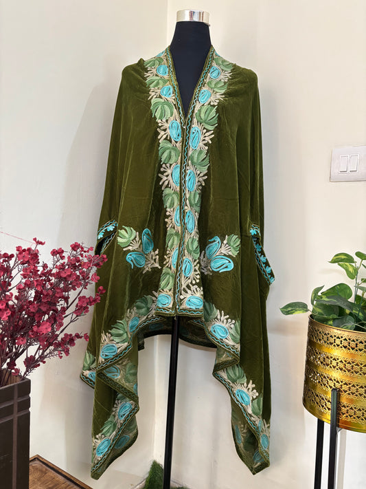 Henna Green Aari Embroidered Velvet Cape