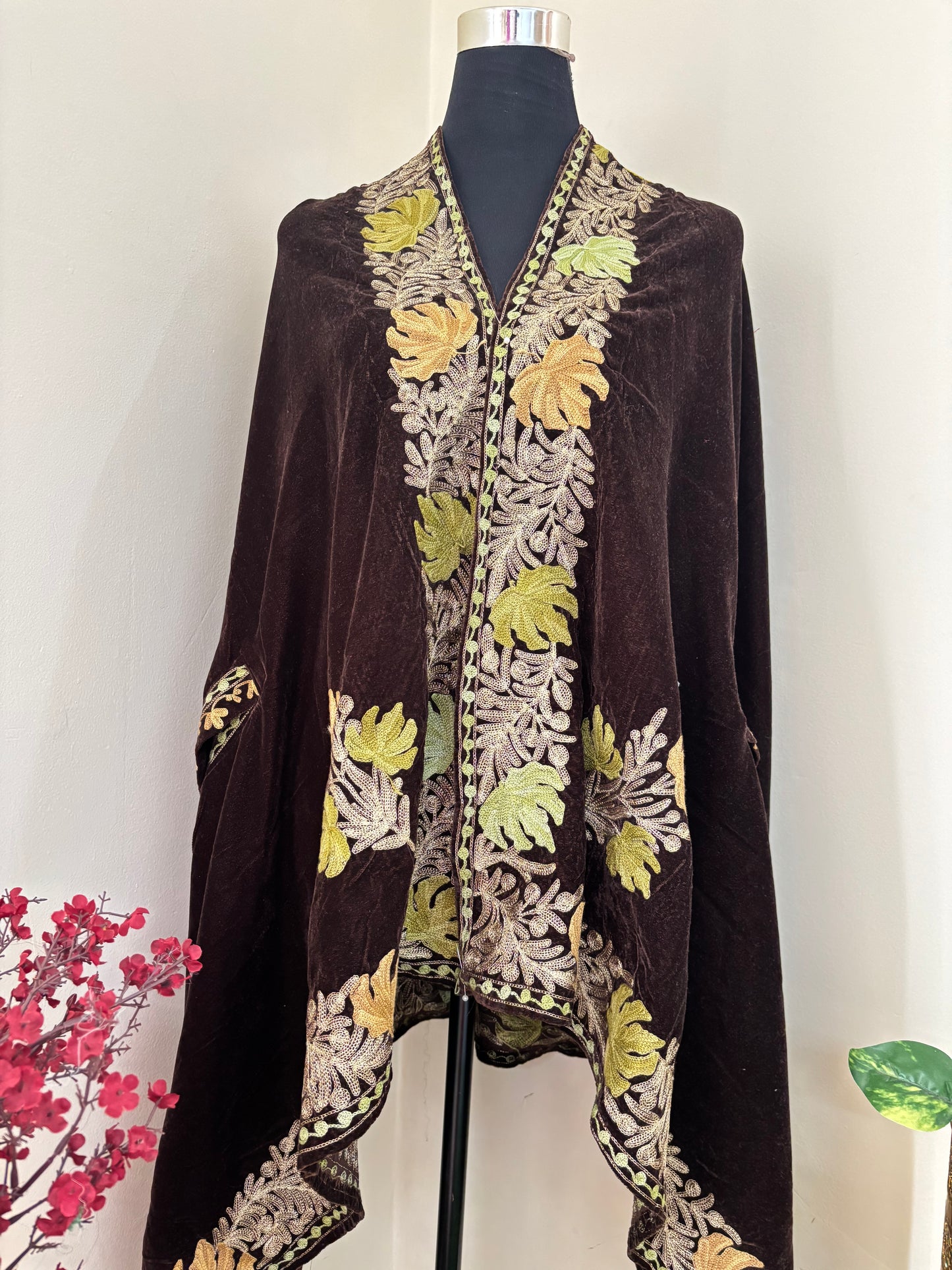 Brown Aari Embroidered Velvet Cape