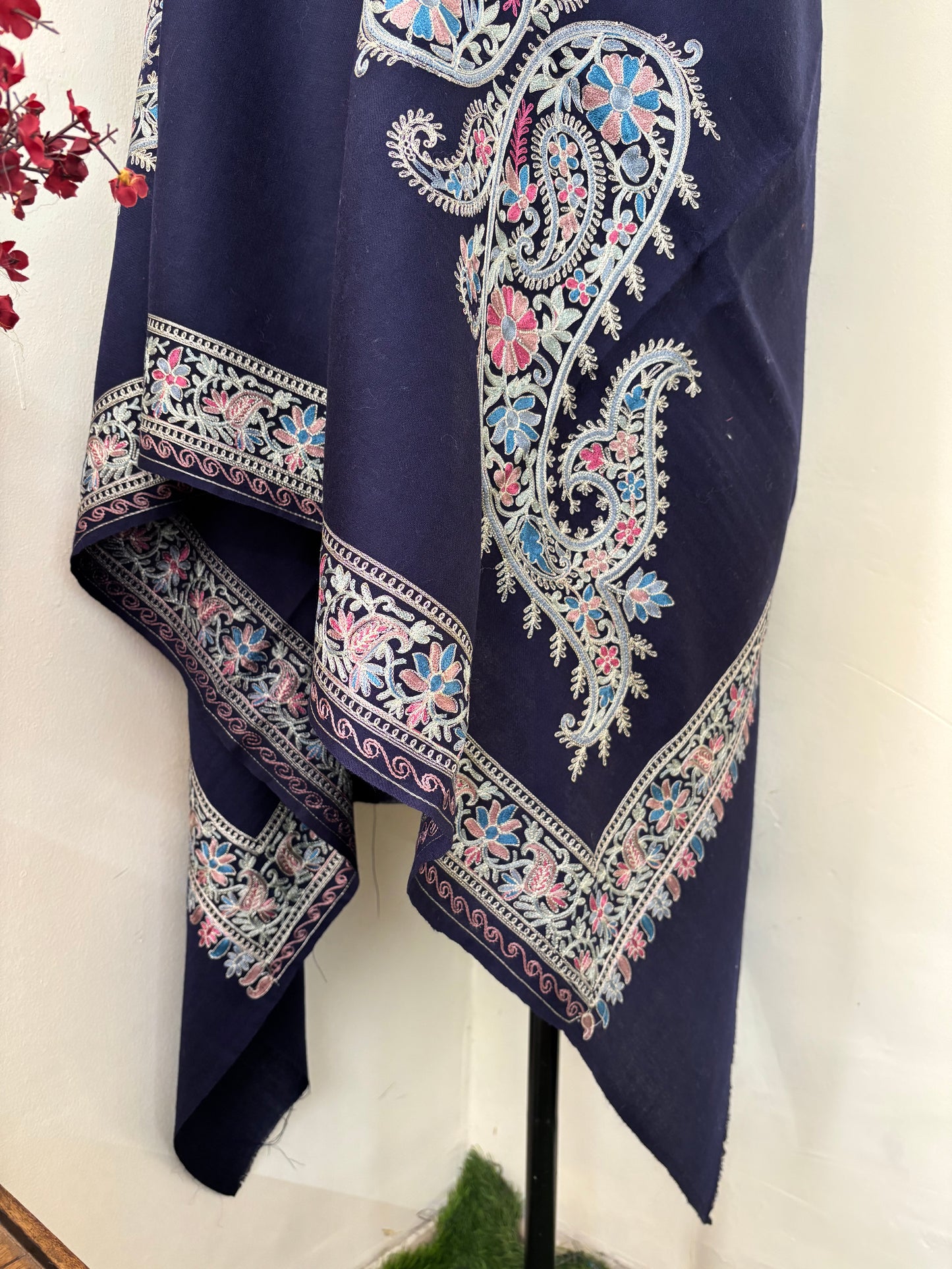 Blue Silk Thread Ambi Aangan Embroidered Fine Semi Pashmina stole